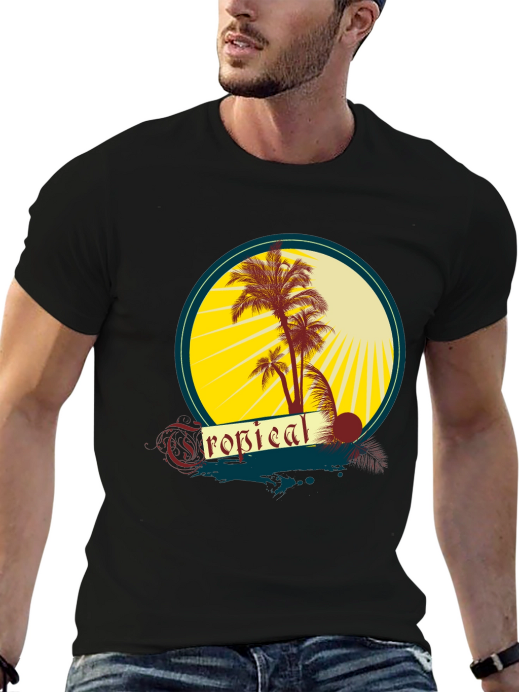 Tropical Palms Graphic Tee - Black Cotton T-Shirt