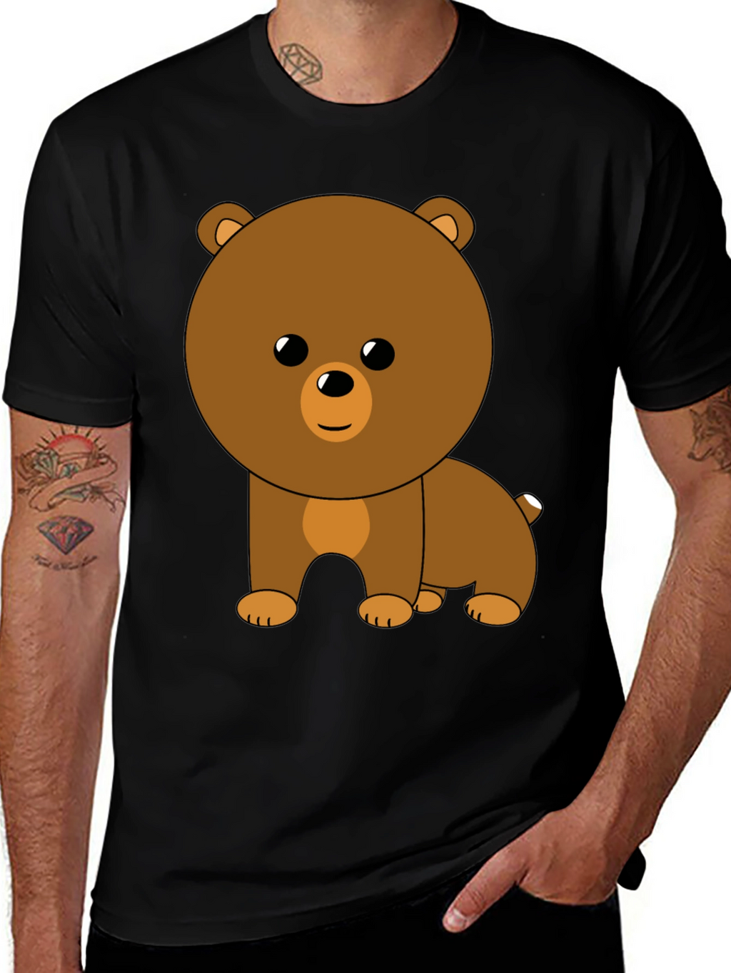 Cute Cartoon Bear Graphic Black T-Shirt