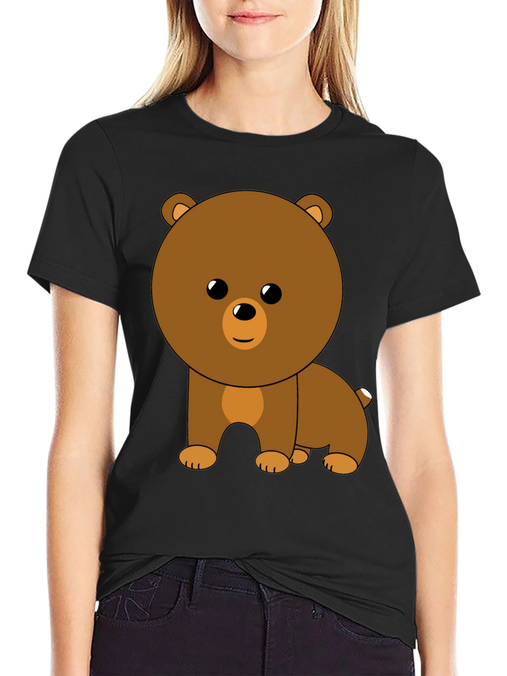 Cute Cartoon Bear Graphic Black T-Shirt