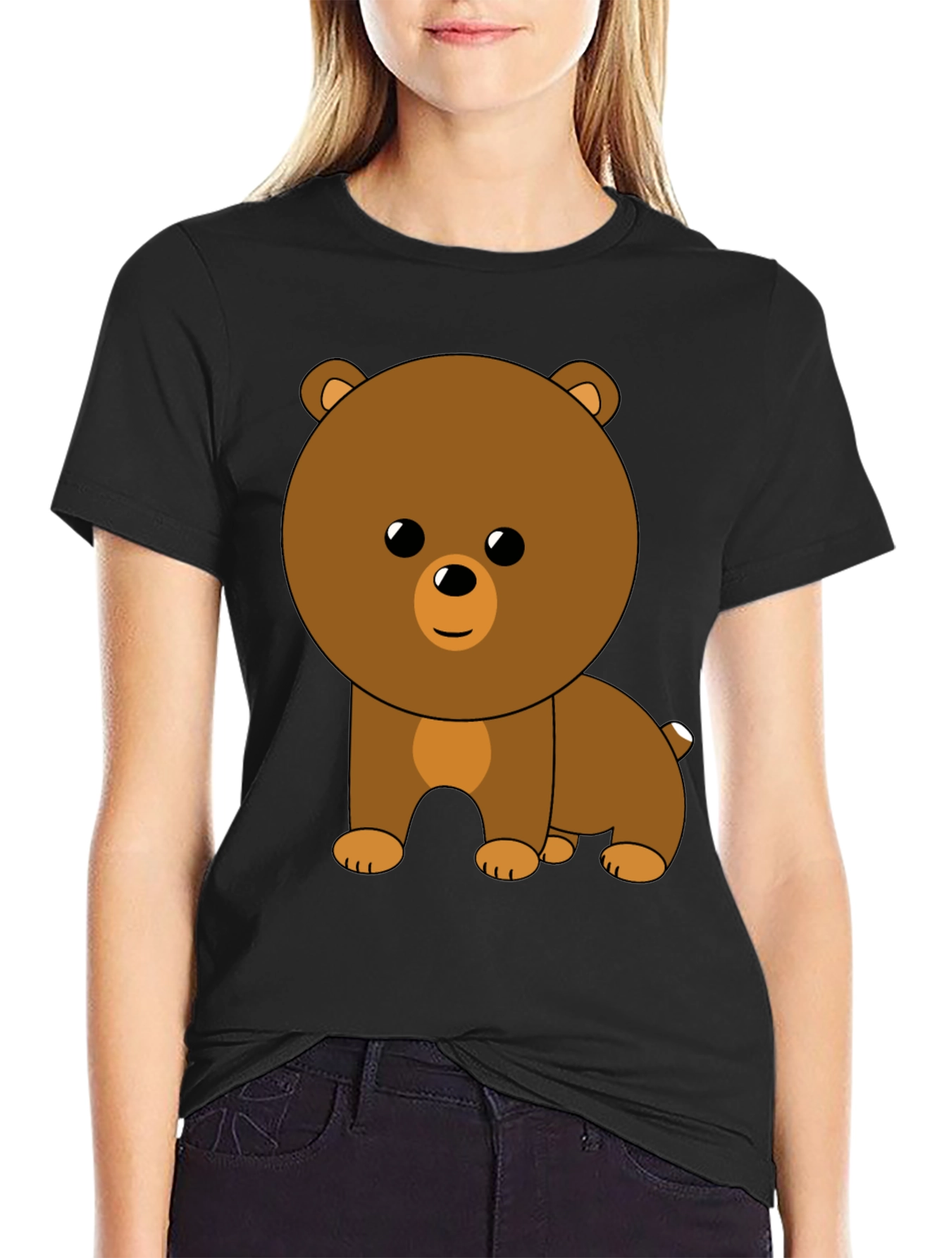 Cute Cartoon Bear Graphic Black T-Shirt