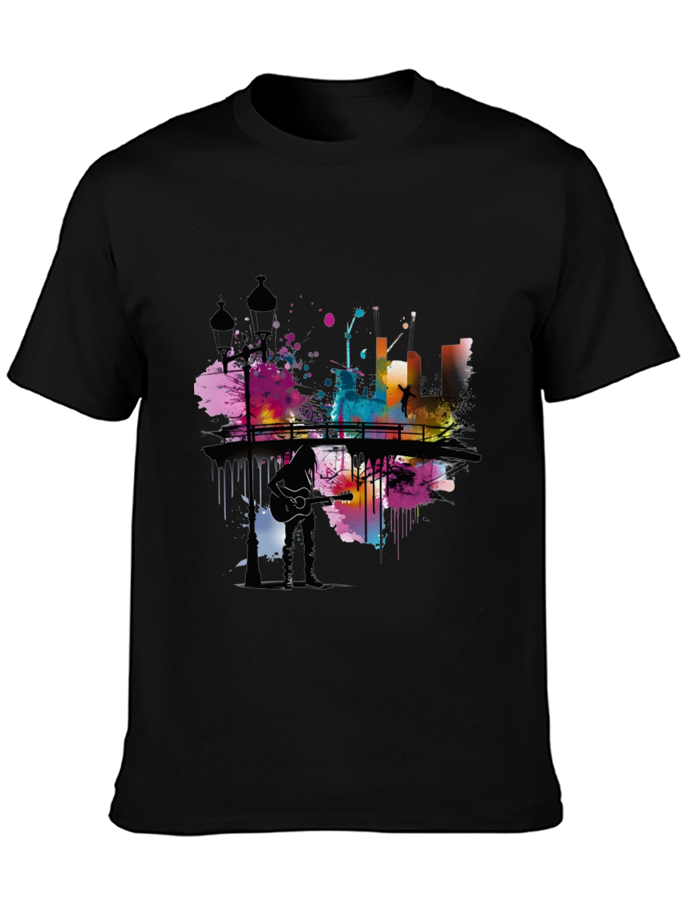 Abstract Cityscape Guitar Player Graphic T-Shirt