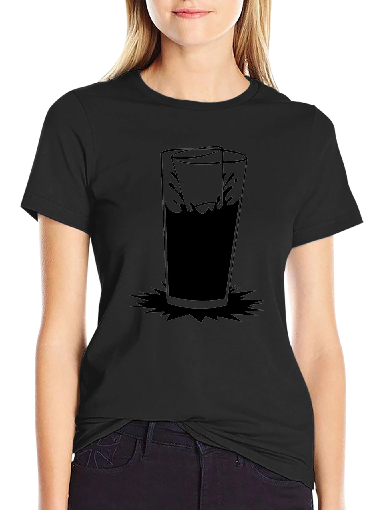 Black Graphic Tee with Drinking Glass Design