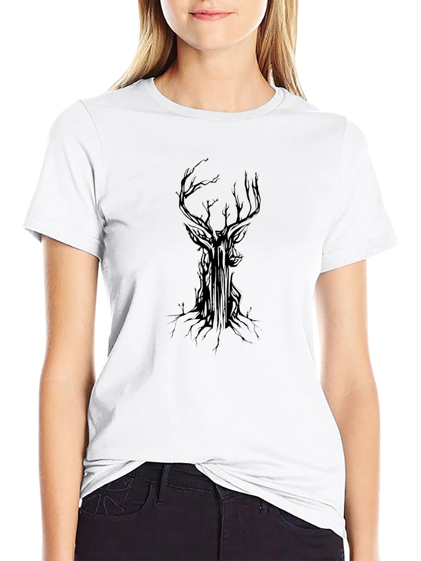 Dark Tree Deer Graphic Tee - Black