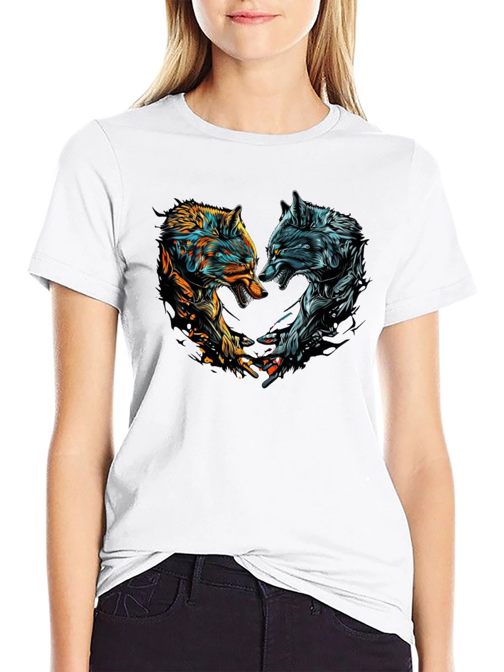 Two Wolves Graphic Print Black T-Shirt