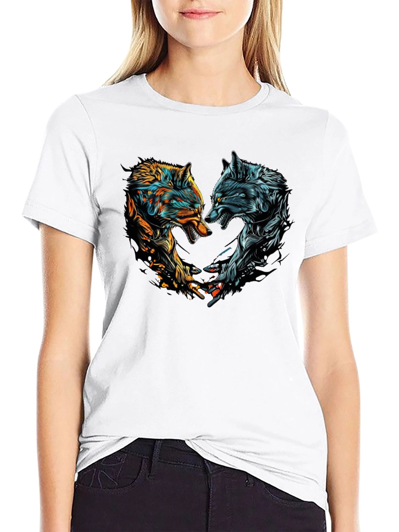 Two Wolves Graphic Print Black T-Shirt