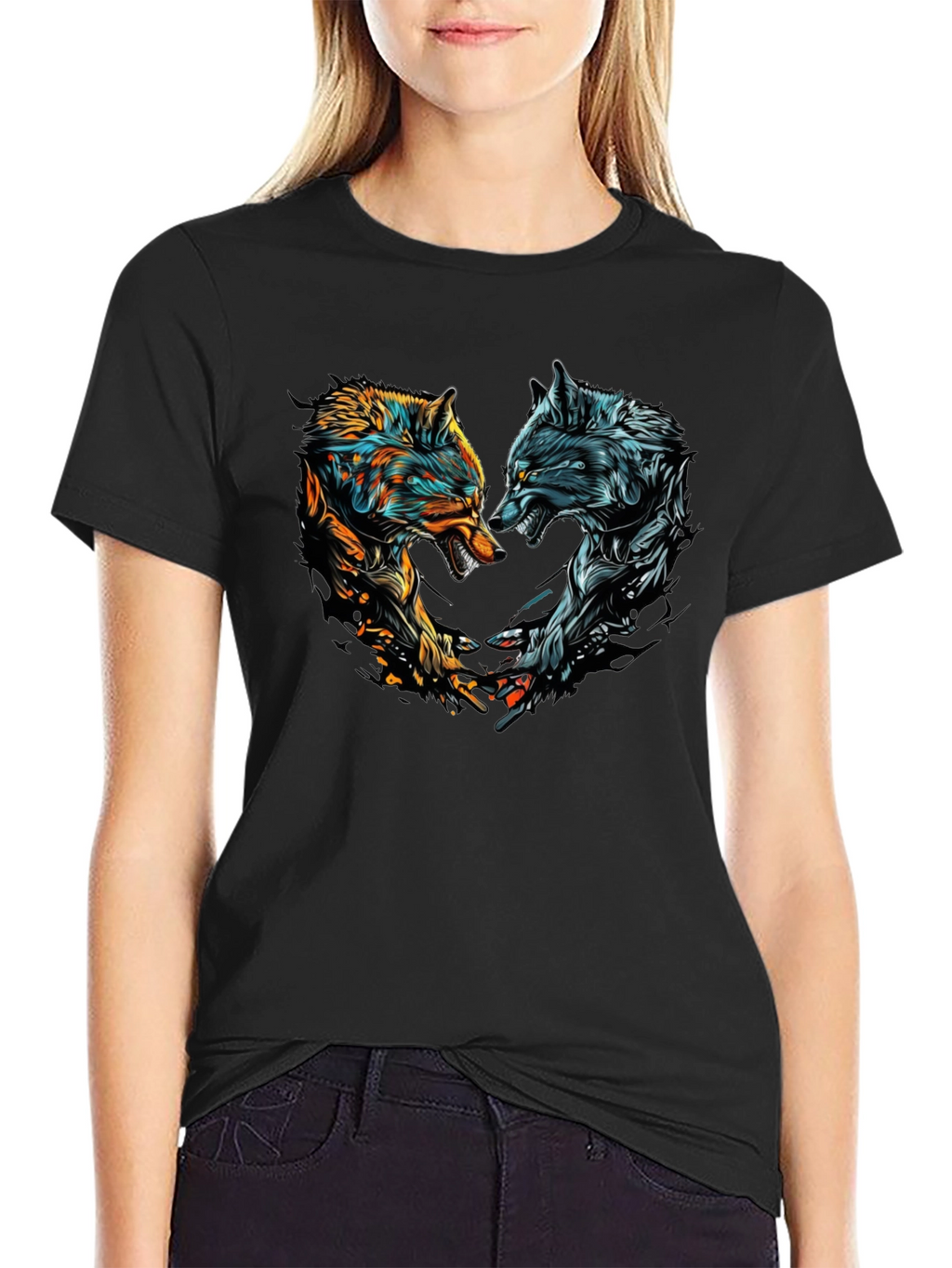 Two Wolves Graphic Print Black T-Shirt