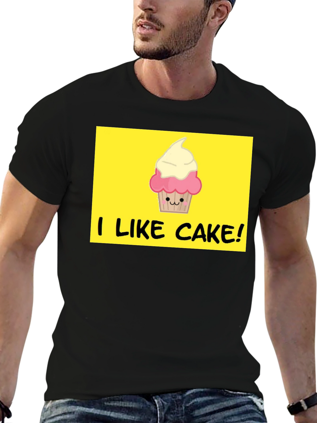 I Like Cake! Black T-Shirt with Cute Cupcake Graphic