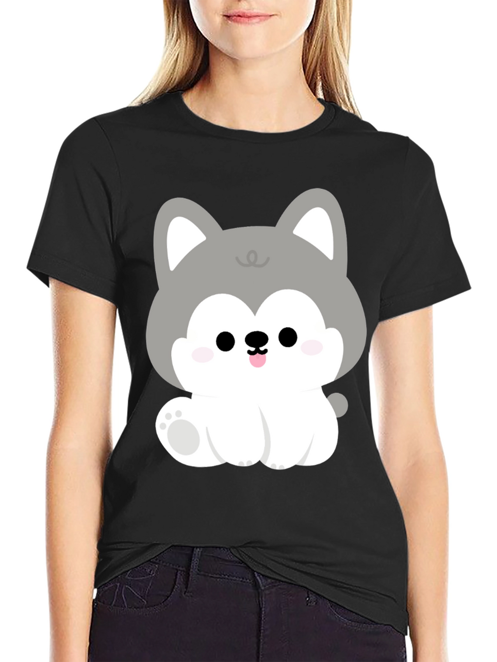 Cute Cartoon Puppy Graphic Black T-Shirt