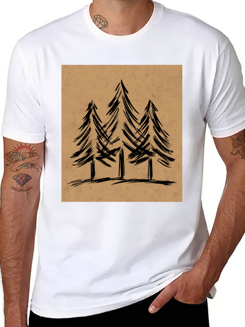 Mens Black Graphic Tee - Forest Tree Design