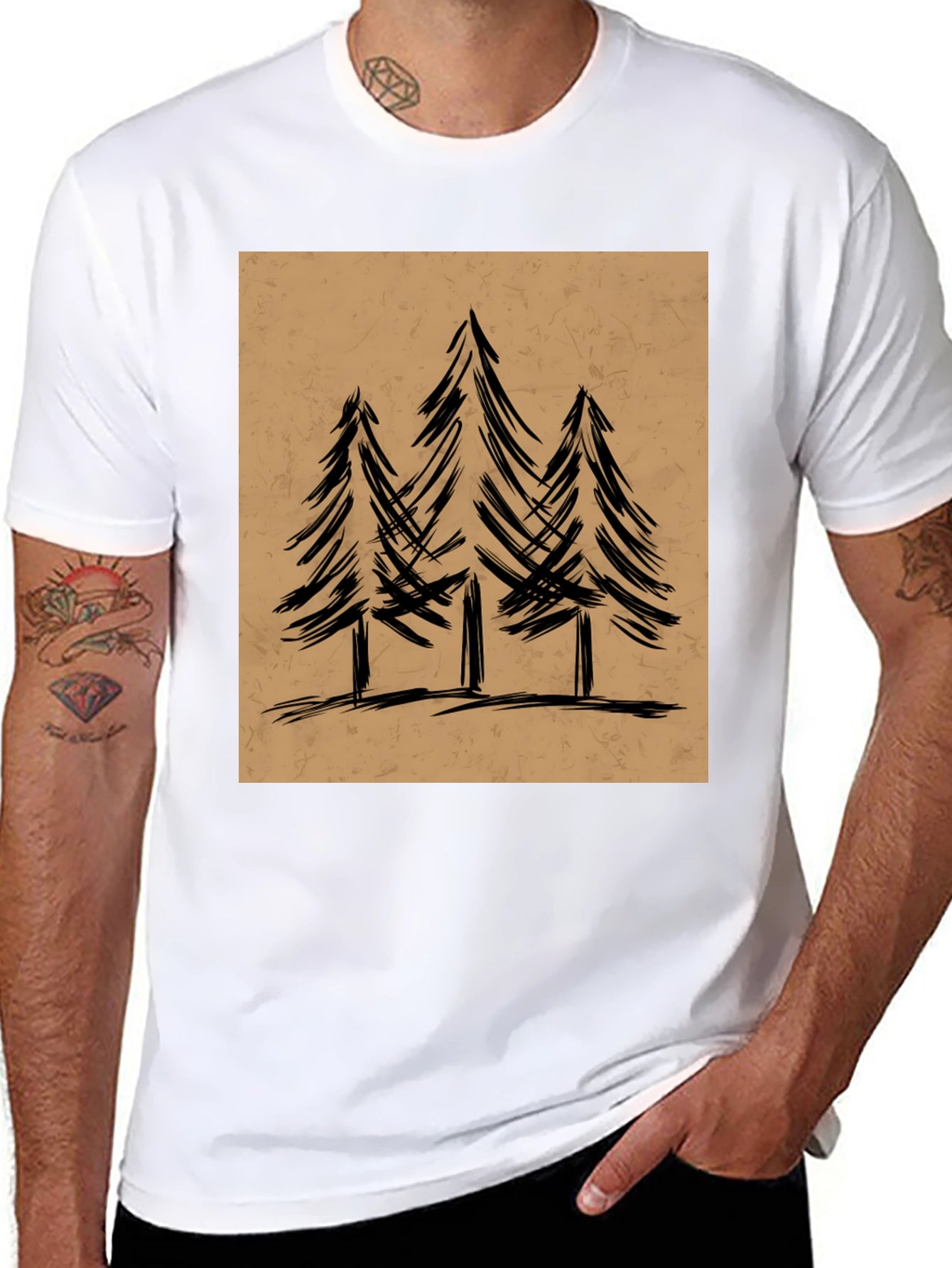 Mens Black Graphic Tee - Forest Tree Design