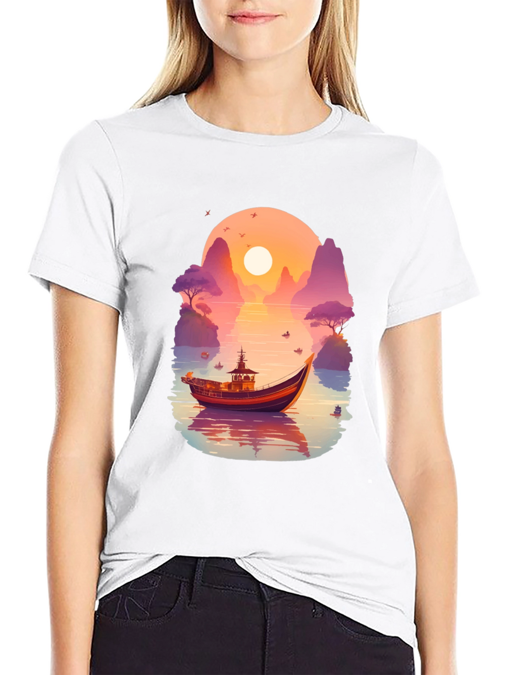 Sunset Boat Graphic Tee - Nature Inspired Design