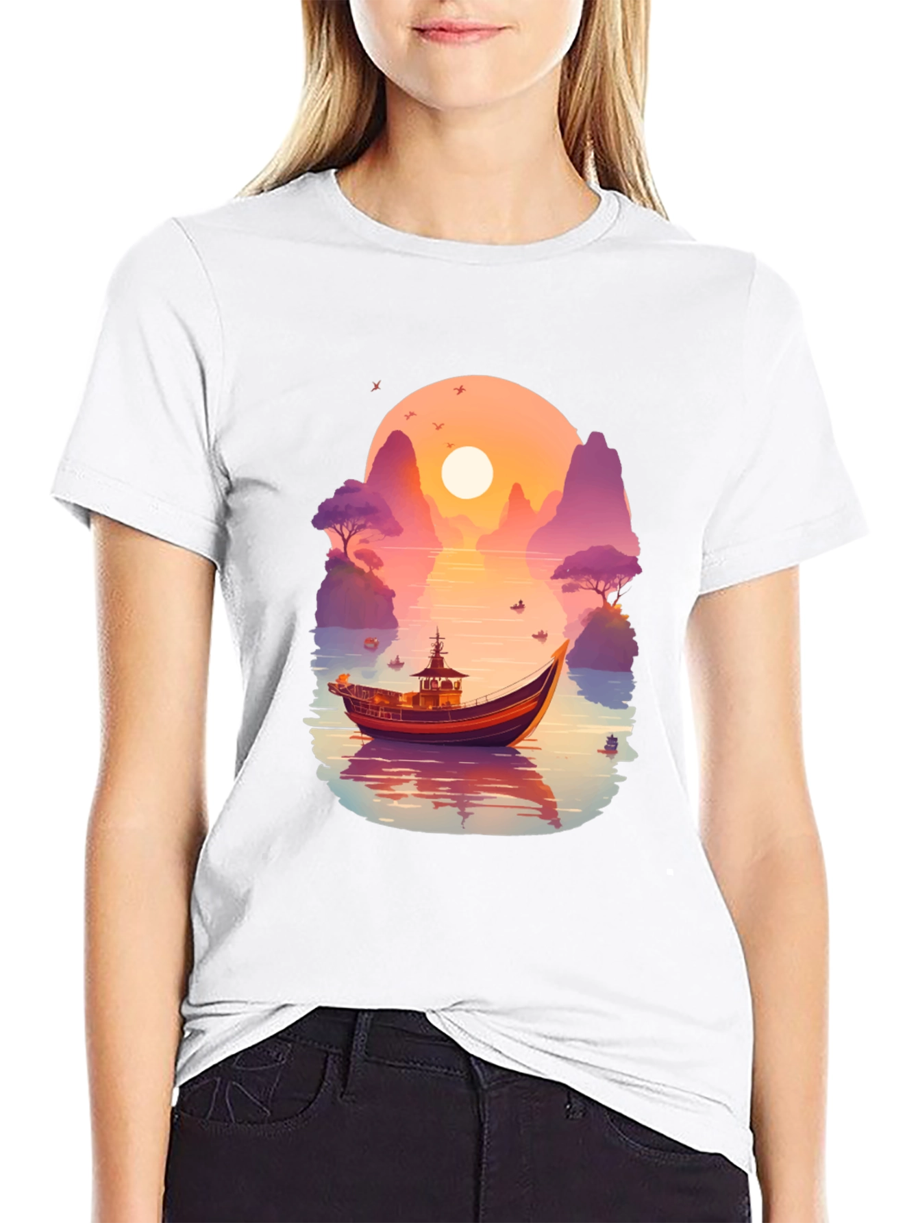 Sunset Boat Graphic Tee - Nature Inspired Design