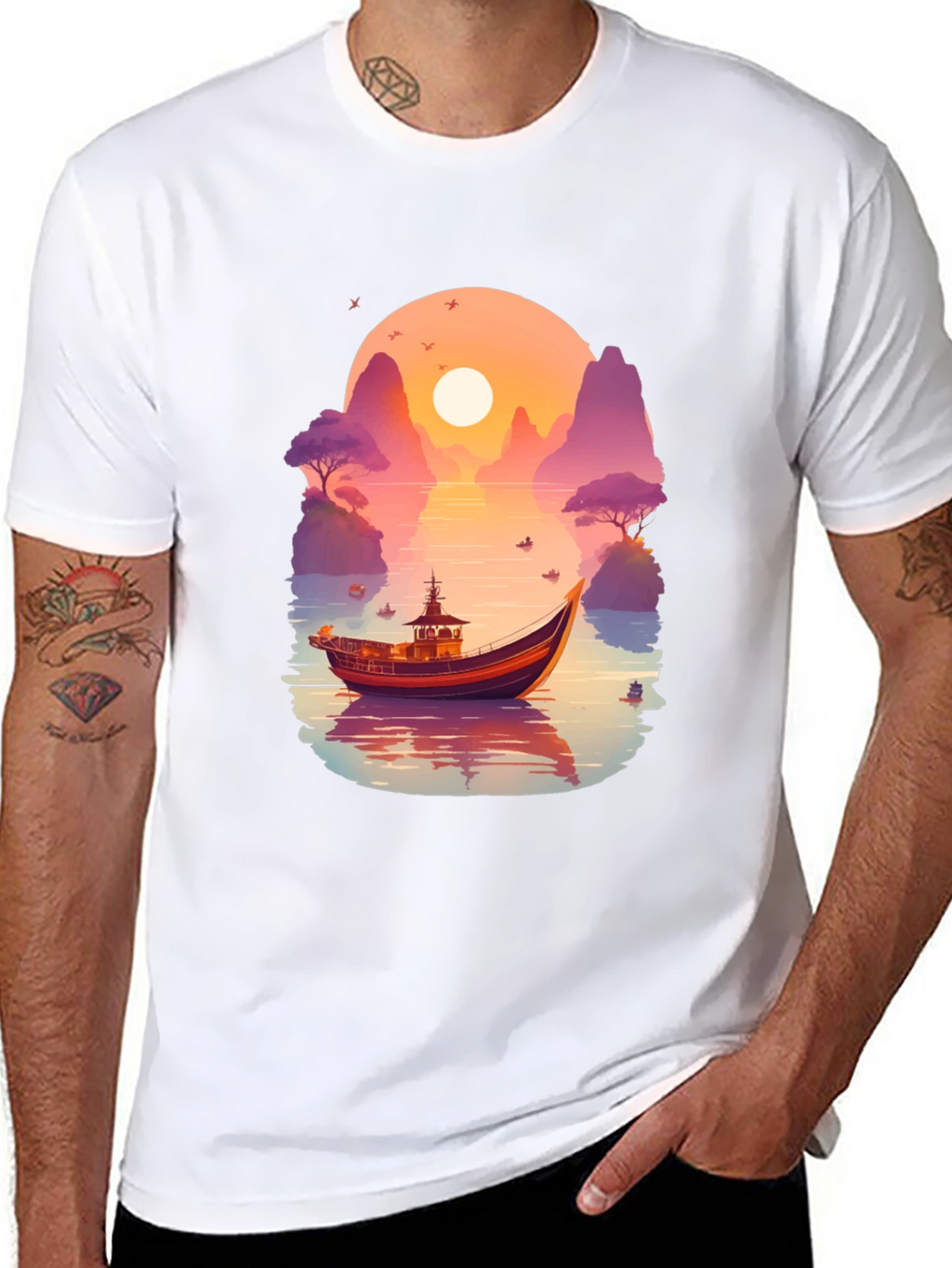 Sunset Boat Graphic Tee - Nature Inspired Design