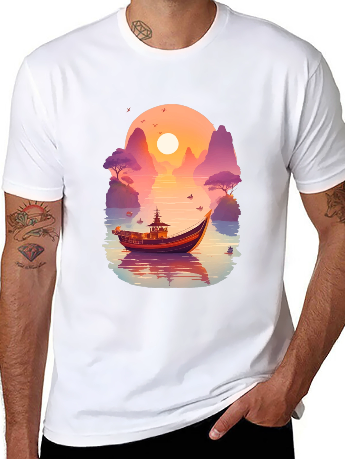 Sunset Boat Graphic Tee - Nature Inspired Design