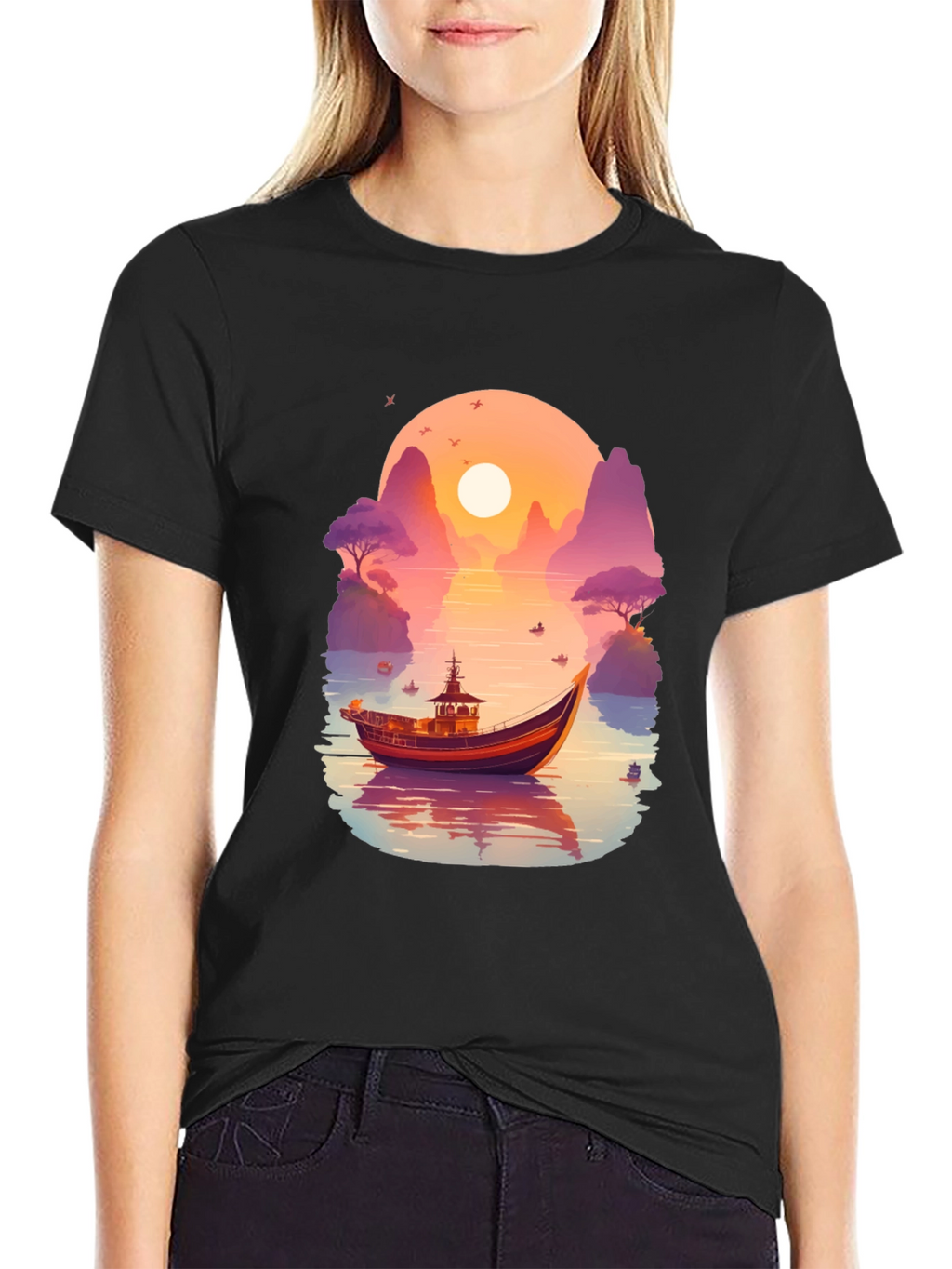 Sunset Boat Graphic Tee - Nature Inspired Design