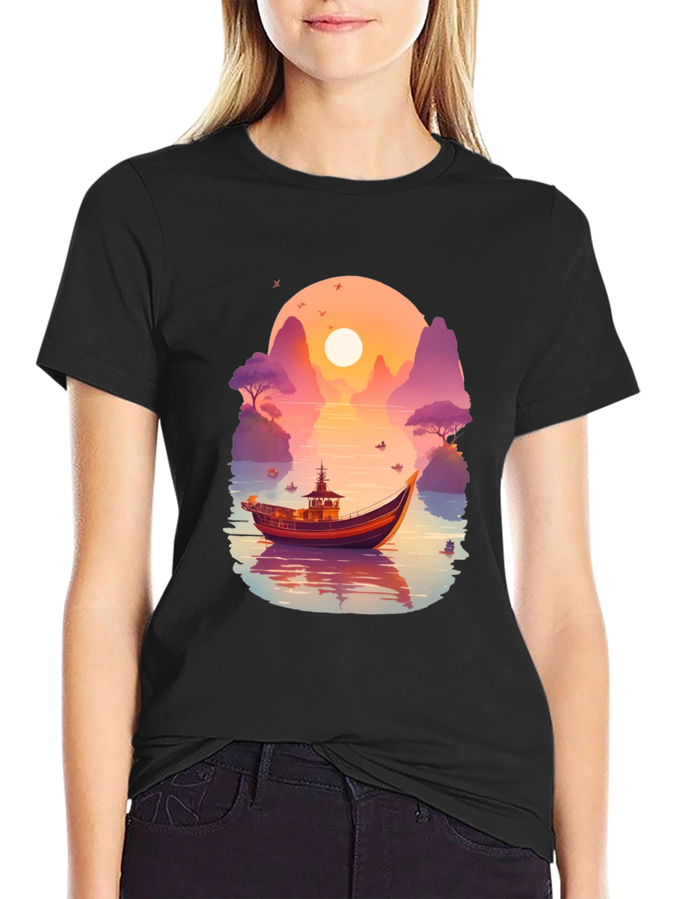 Sunset Boat Graphic Tee - Nature Inspired Design