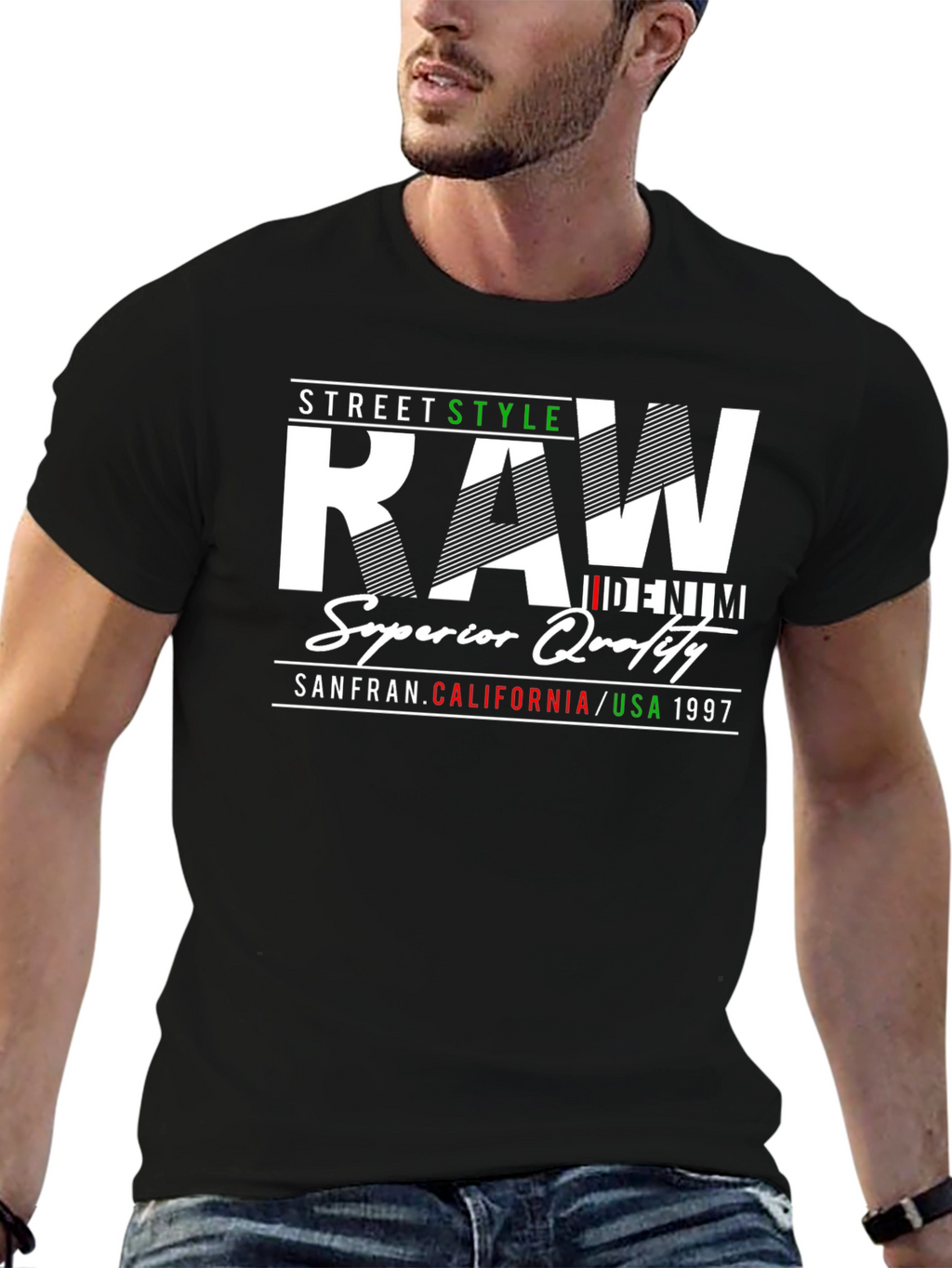 Mens Raw Denim Street Style Graphic Tee