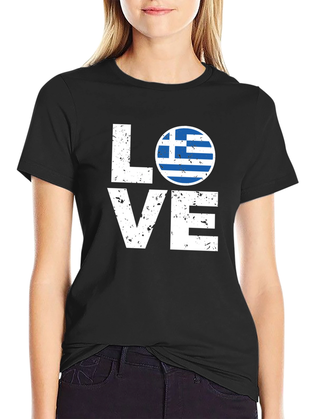 Greece Flag Love T-Shirt - Black Crew Neck Tee