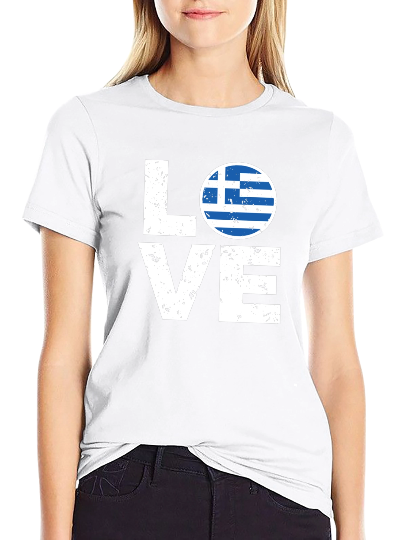 Greece Flag Love T-Shirt - Black Crew Neck Tee