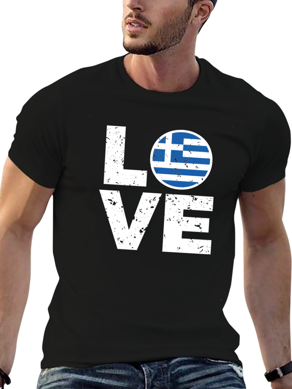 Greece Flag Love T-Shirt - Black Crew Neck Tee