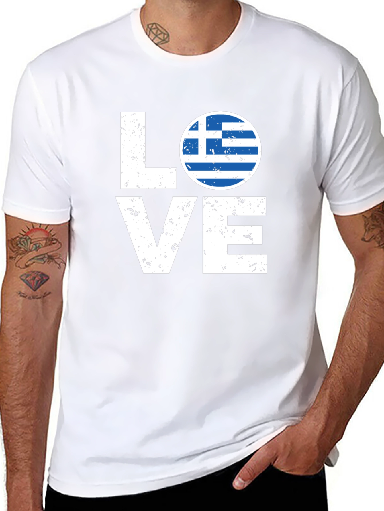 Greece Flag Love T-Shirt - Black Crew Neck Tee