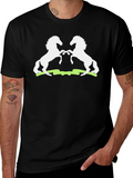 Graphic Tee: White Stallions on Black Cotton