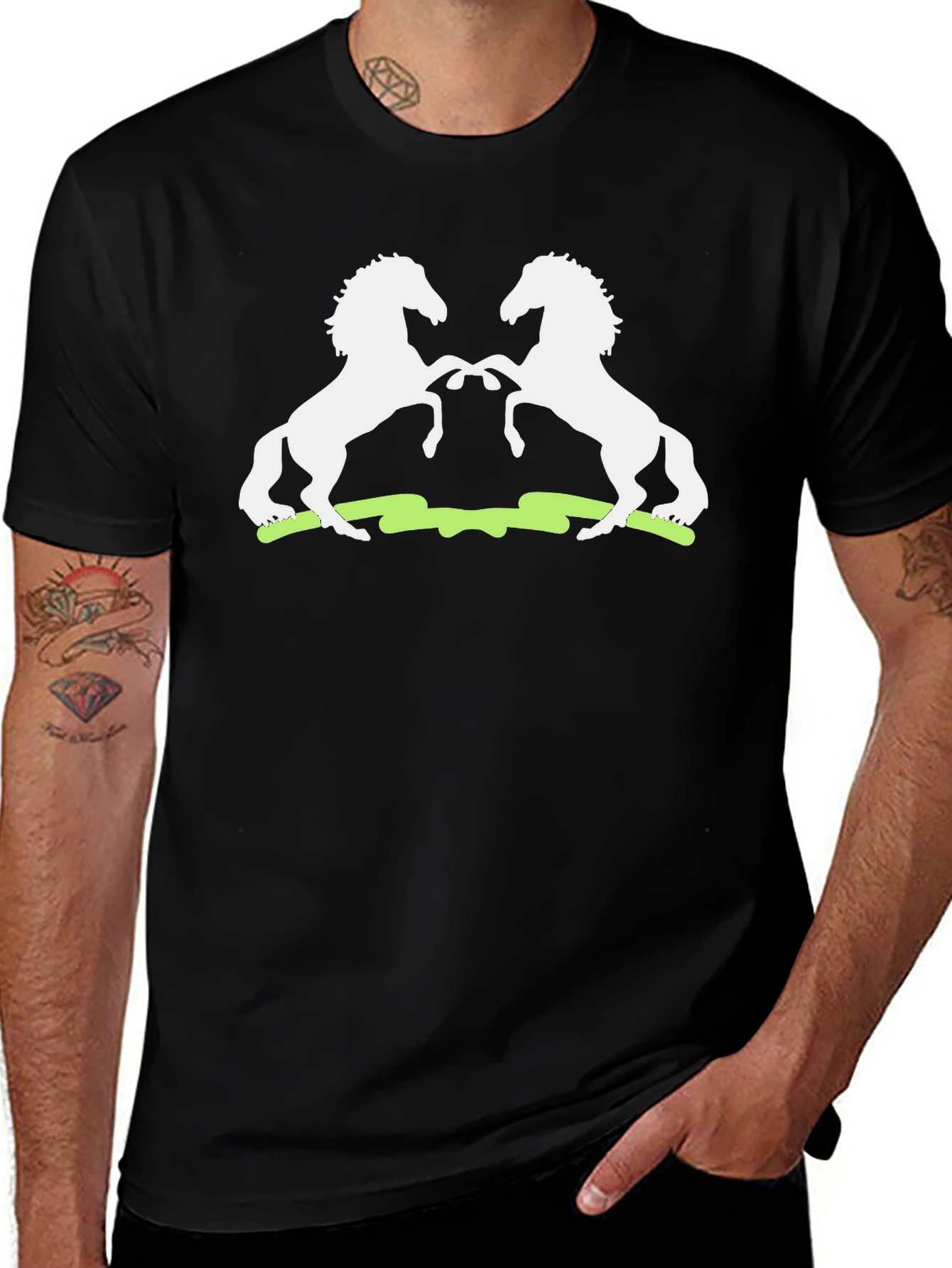 Graphic Tee: White Stallions on Black Cotton