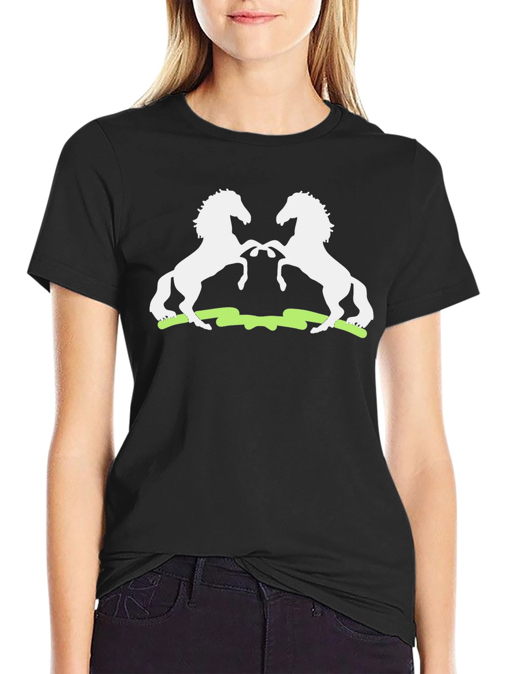 Graphic Tee: White Stallions on Black Cotton