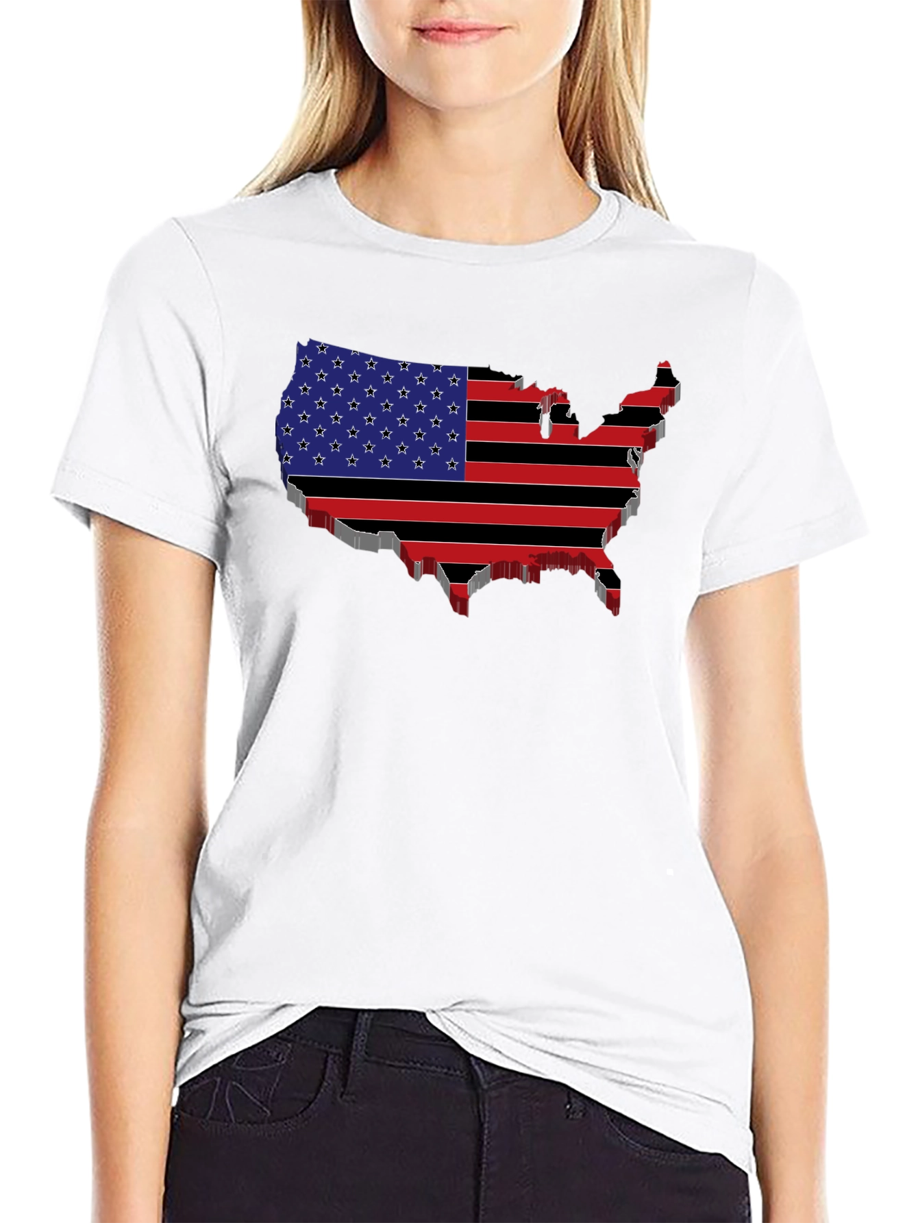 USA Flag Map Black T-Shirt