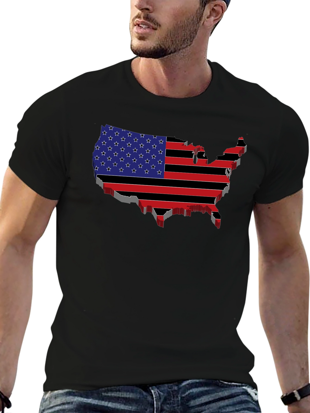 USA Flag Map Black T-Shirt