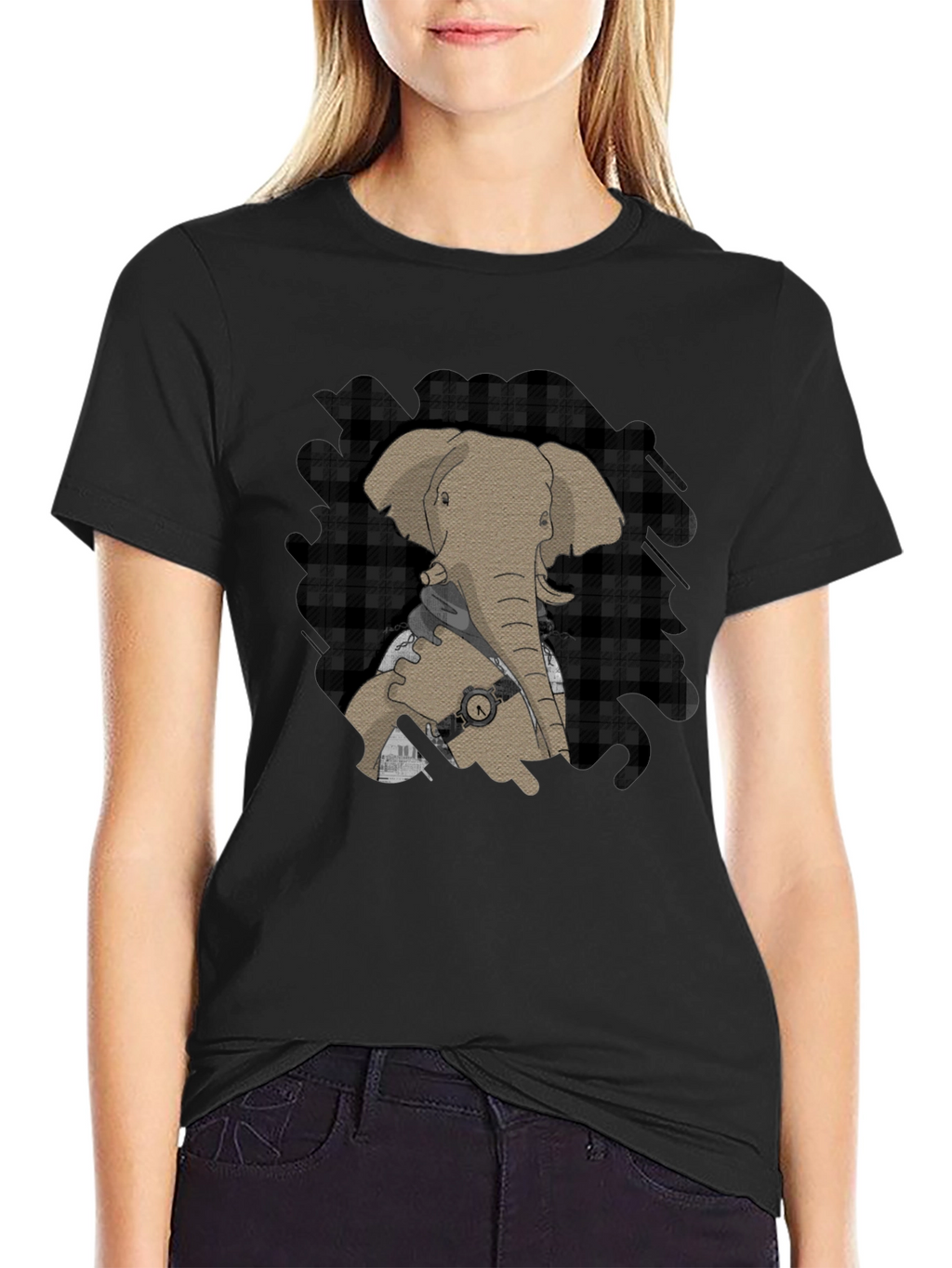 Elephant Graphic Tee - Stylish Plaid Accent