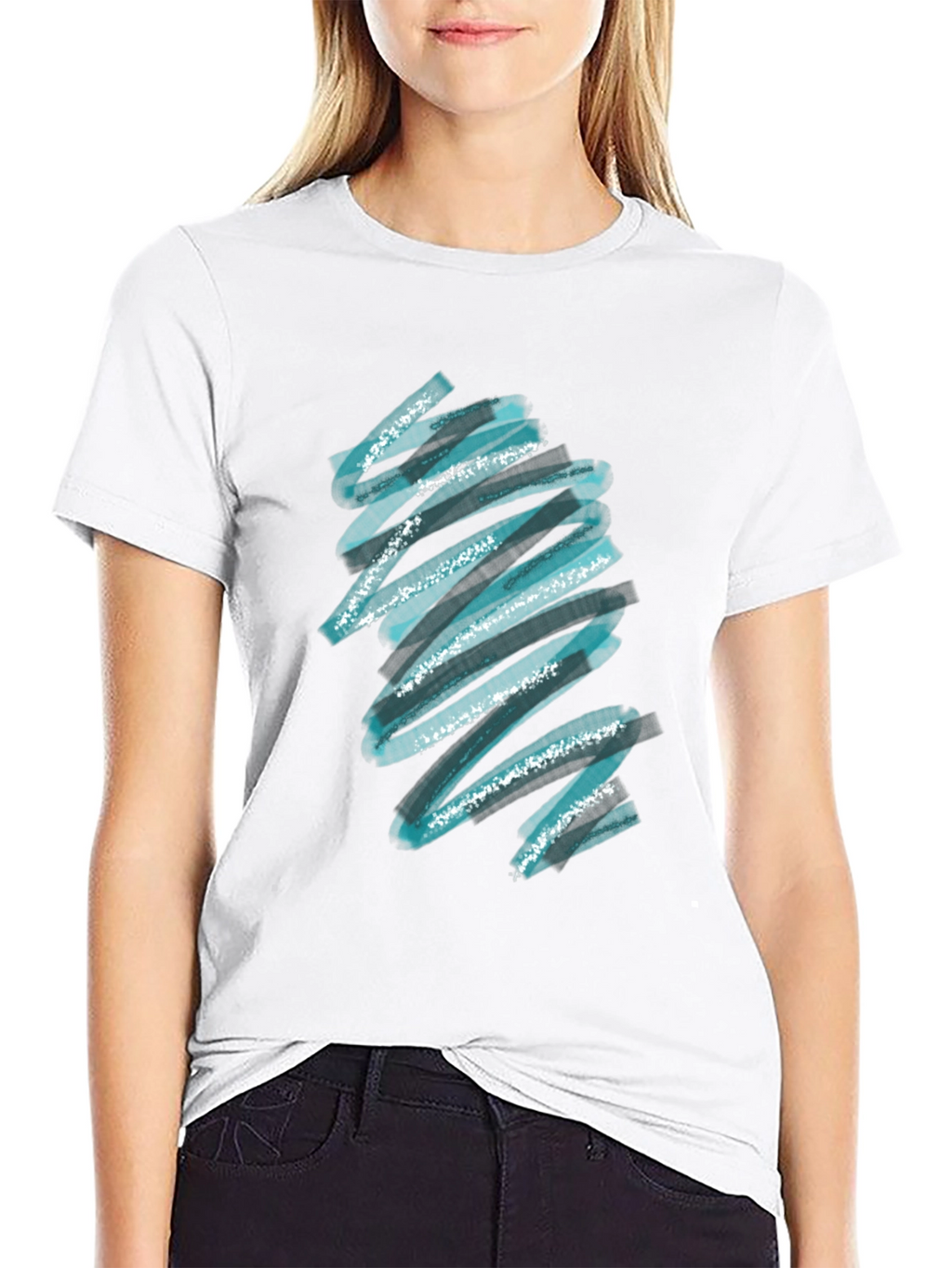 Abstract Teal Brush Stroke Graphic Black T-Shirt