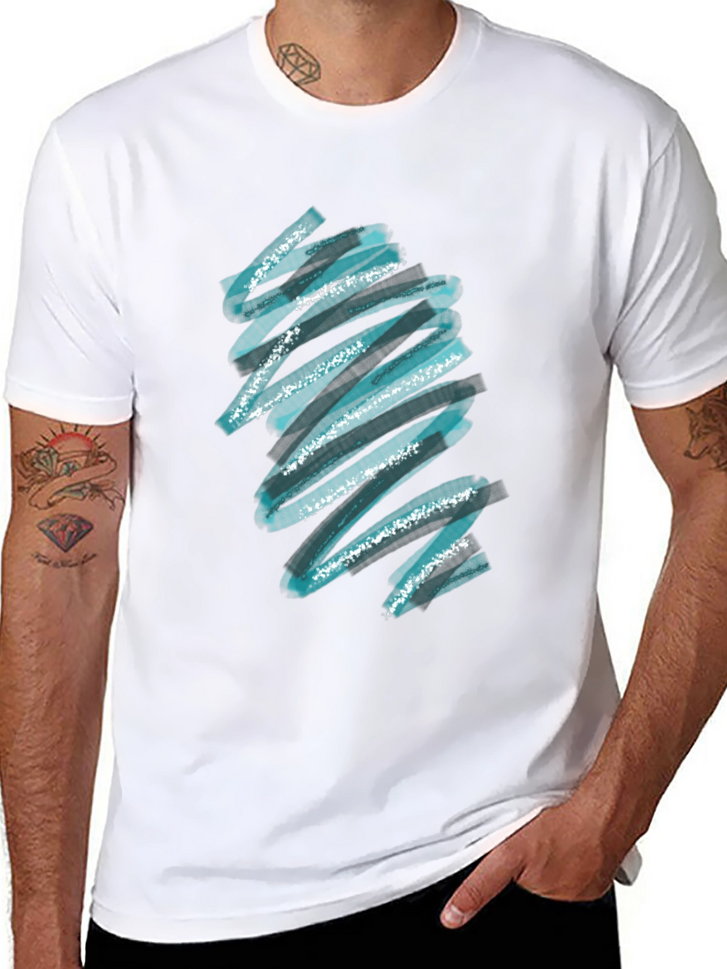 Abstract Teal Brush Stroke Graphic Black T-Shirt
