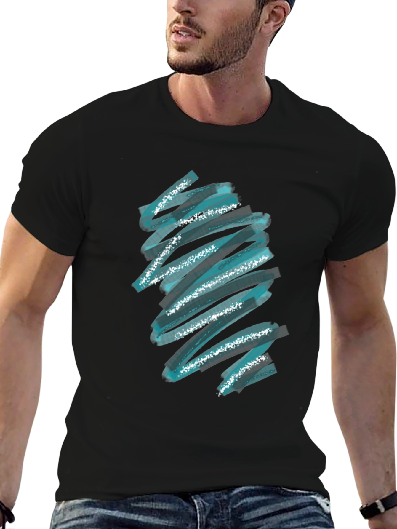 Abstract Teal Brush Stroke Graphic Black T-Shirt