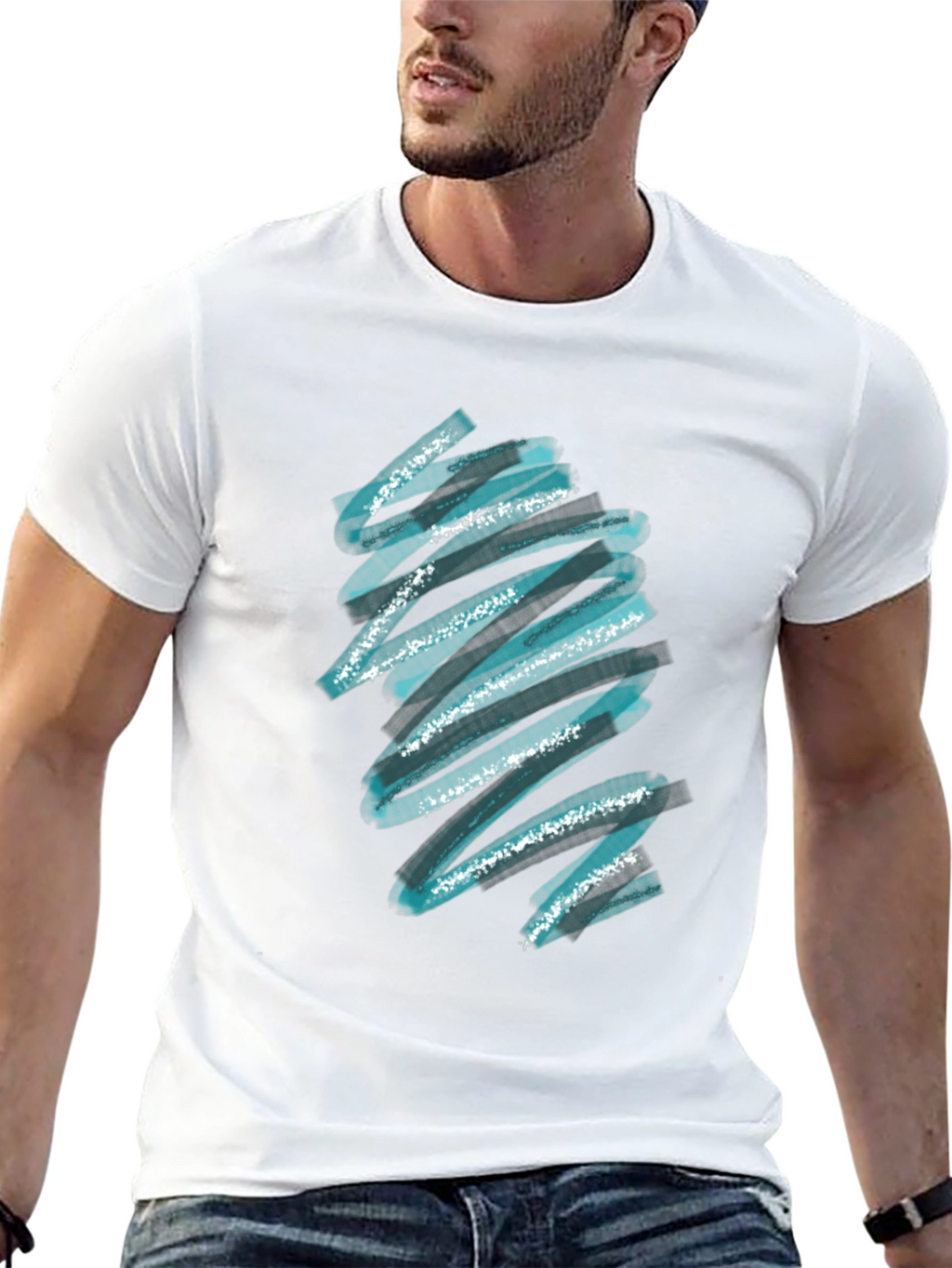 Abstract Teal Brush Stroke Graphic Black T-Shirt
