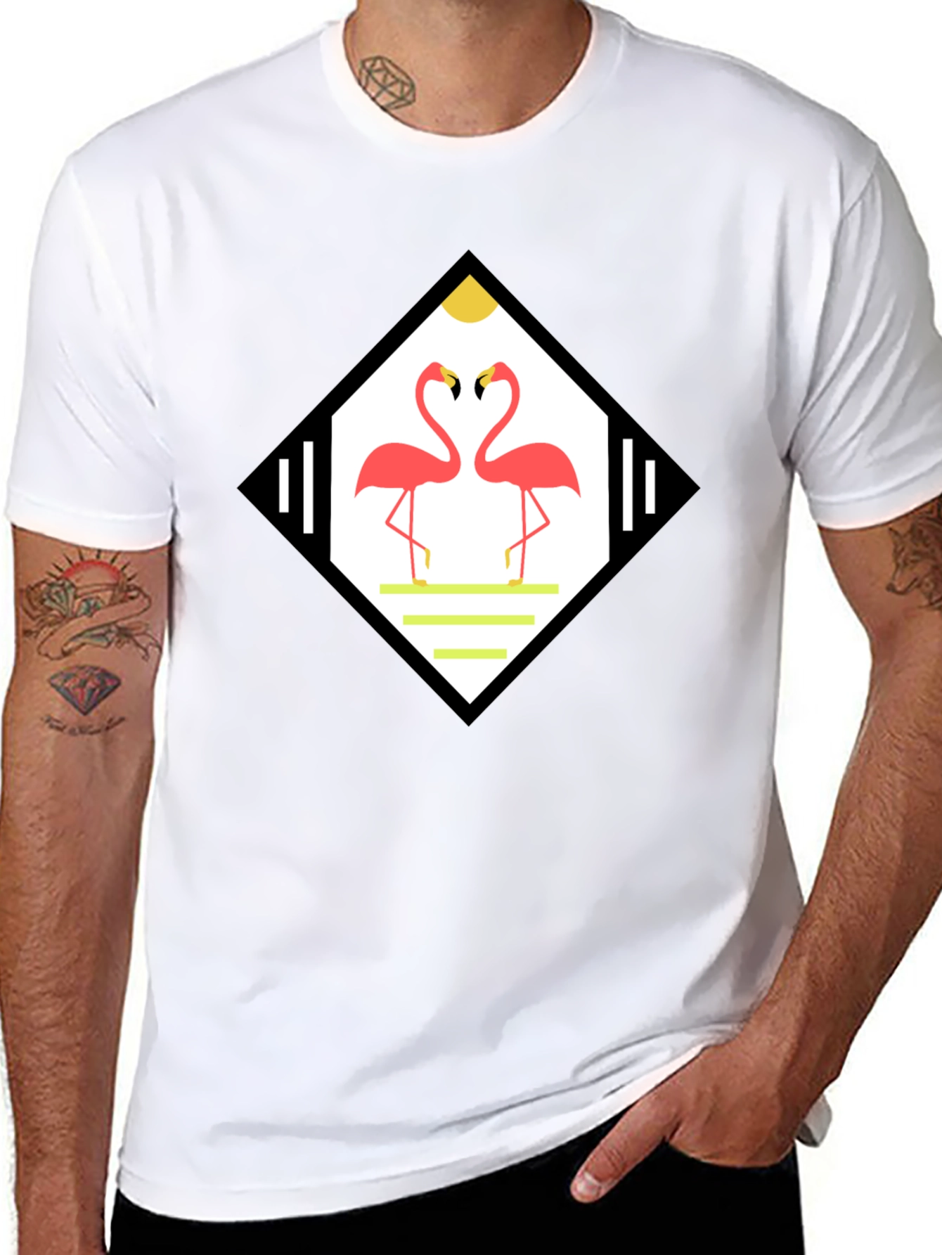 Tropical Flamingo Diamond Graphic Tee - Black