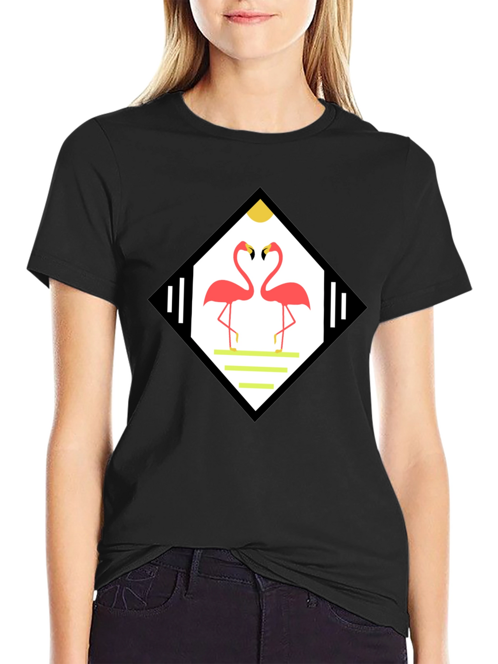 Tropical Flamingo Diamond Graphic Tee - Black