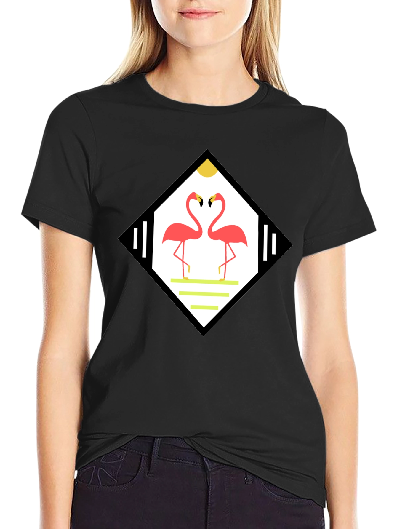 Tropical Flamingo Diamond Graphic Tee - Black