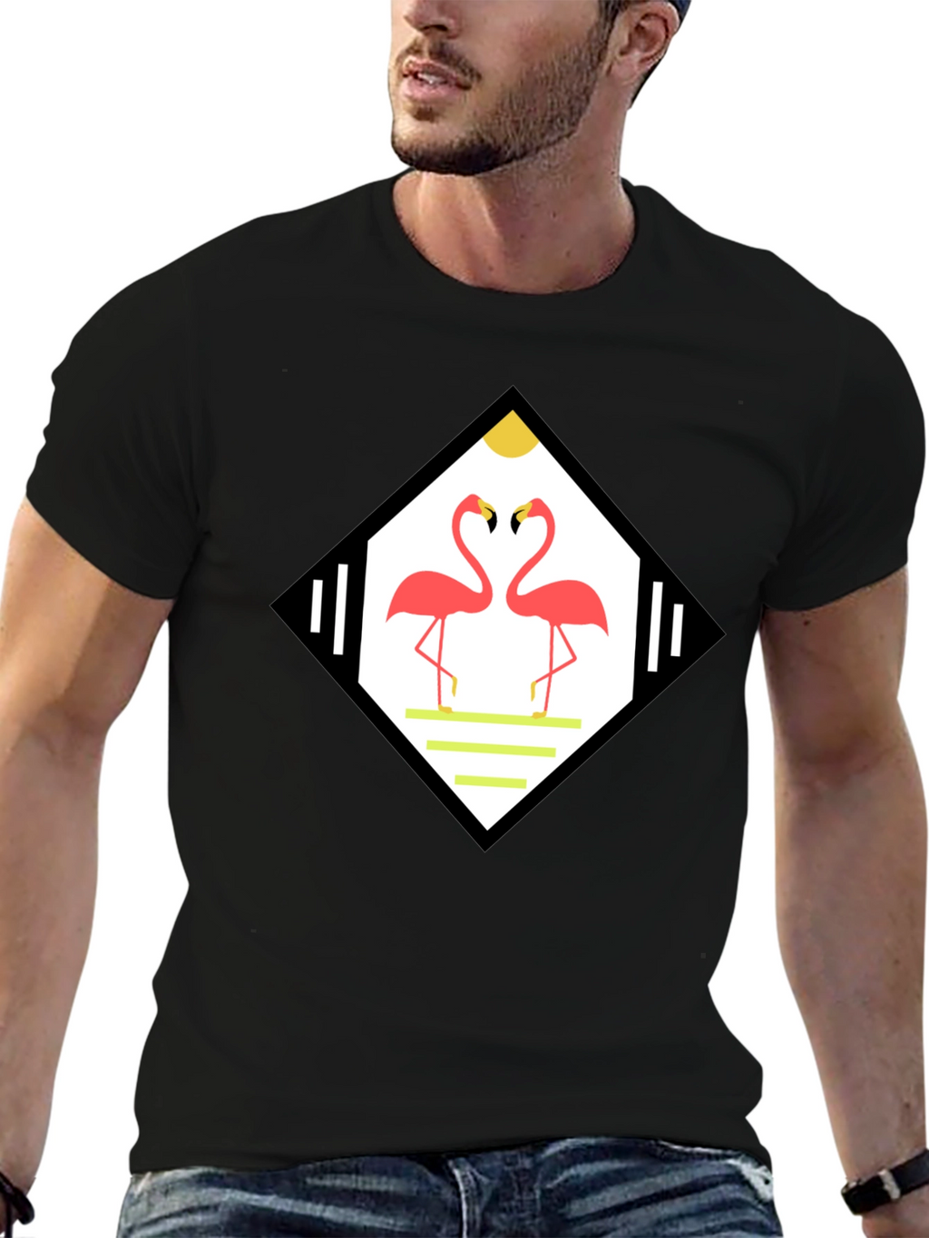Tropical Flamingo Diamond Graphic Tee - Black