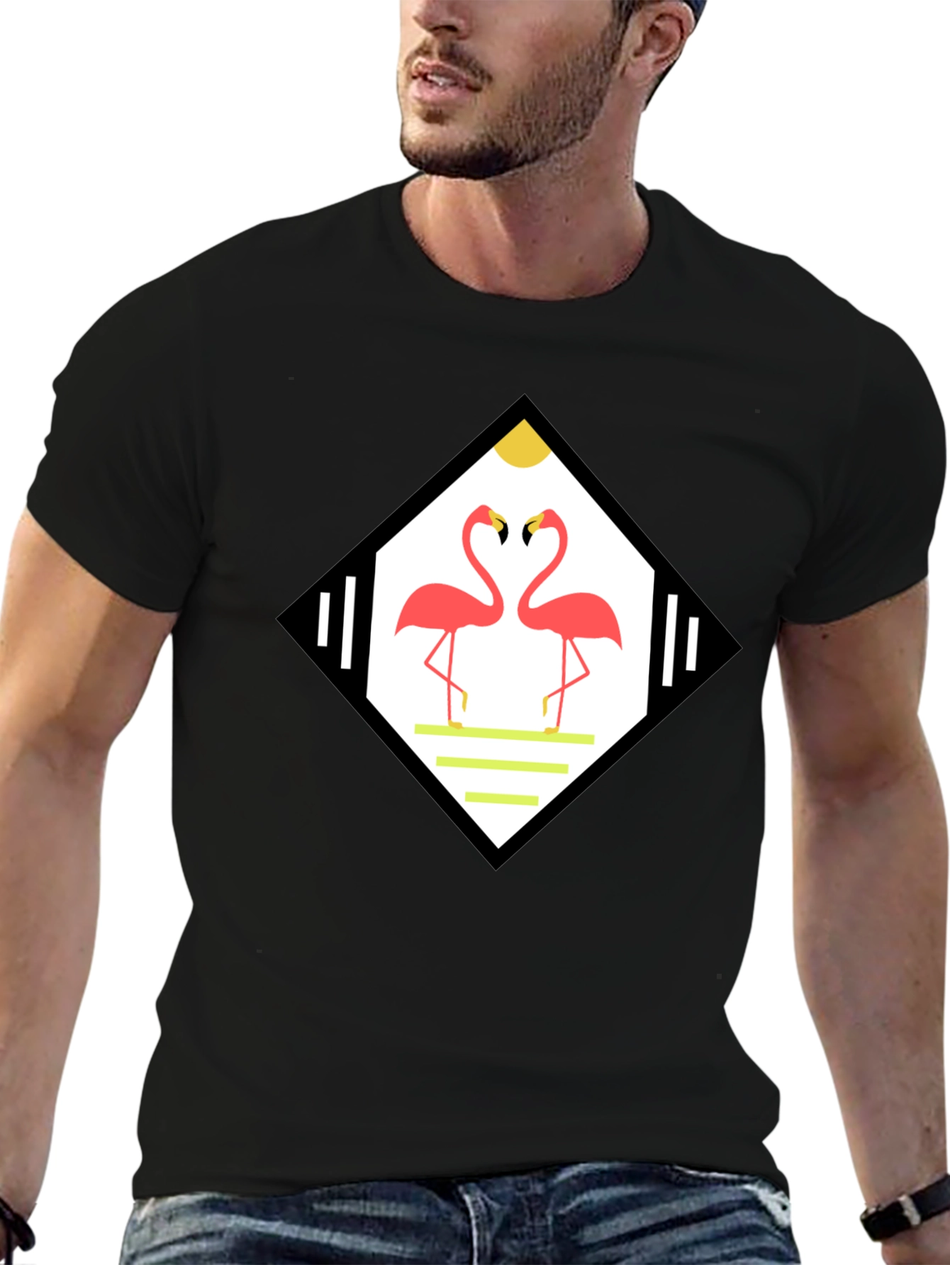 Tropical Flamingo Diamond Graphic Tee - Black
