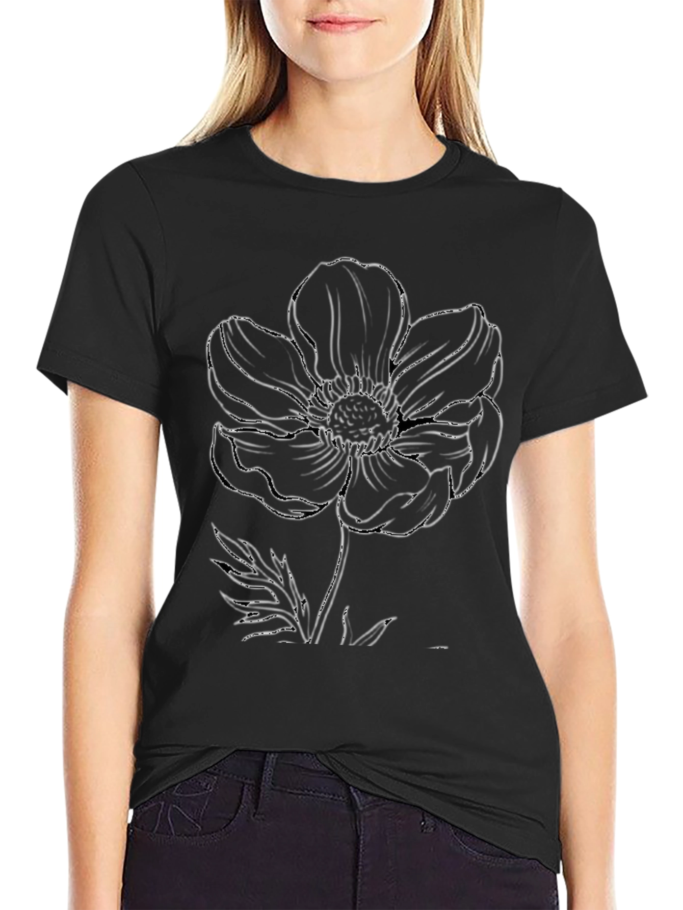 Floral Outline Graphic Print Black Tee