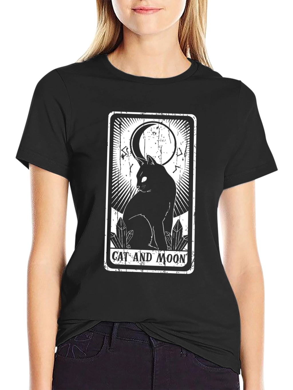 Cat and Moon Tarot Card T-Shirt - Black