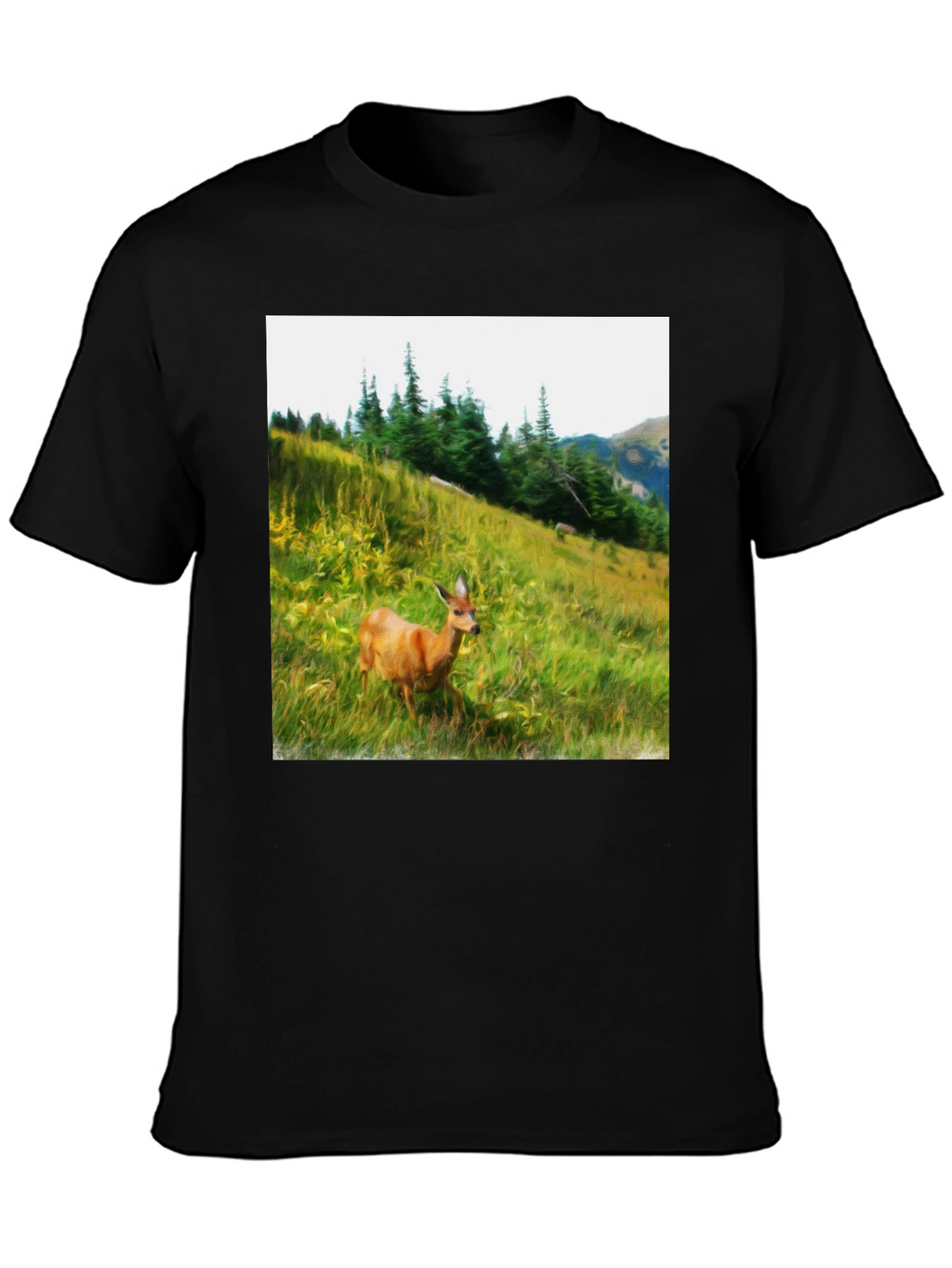 Nature Deer Graphic Tee - Black Cotton Shirt