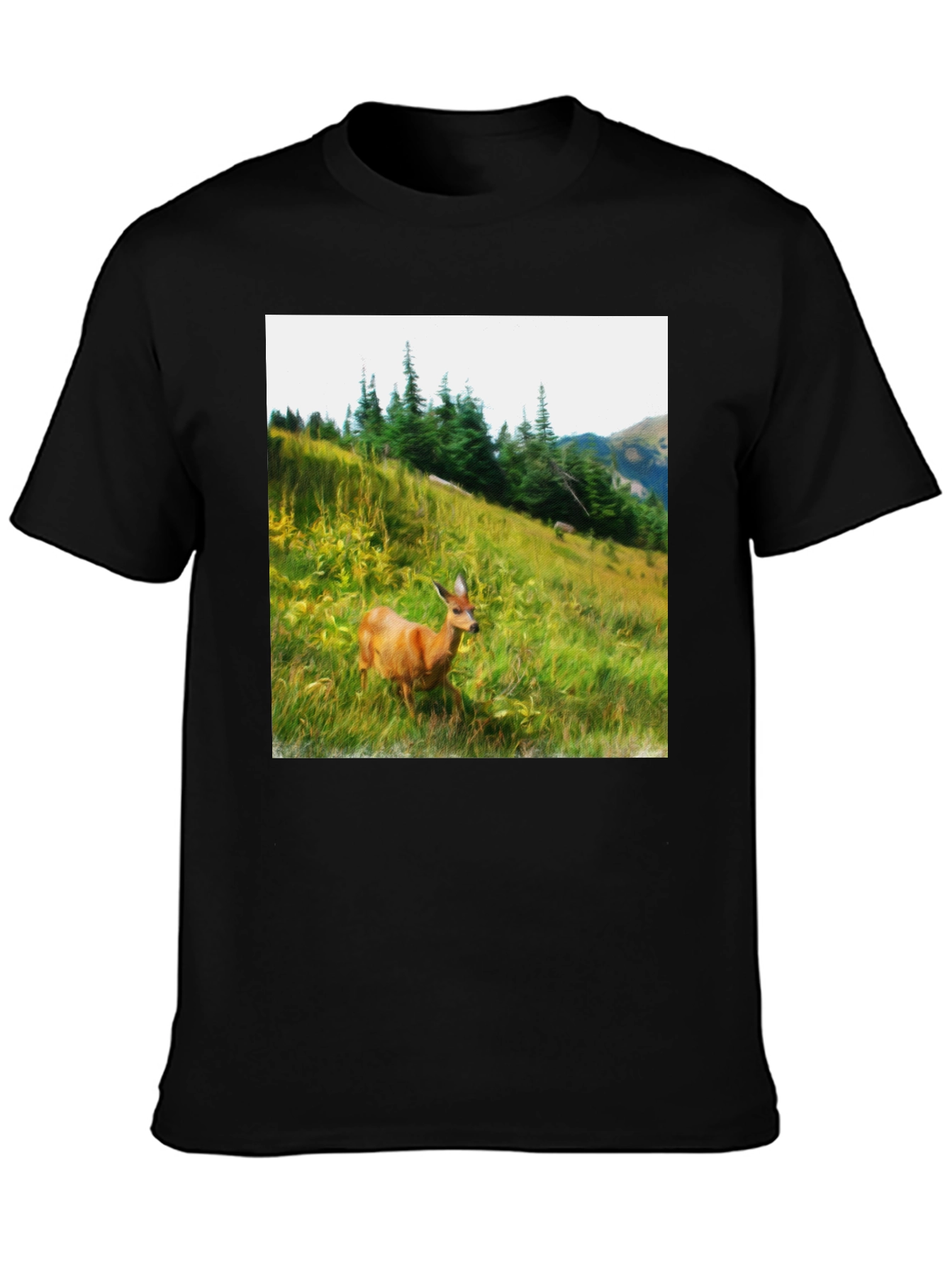 Nature Deer Graphic Tee - Black Cotton Shirt