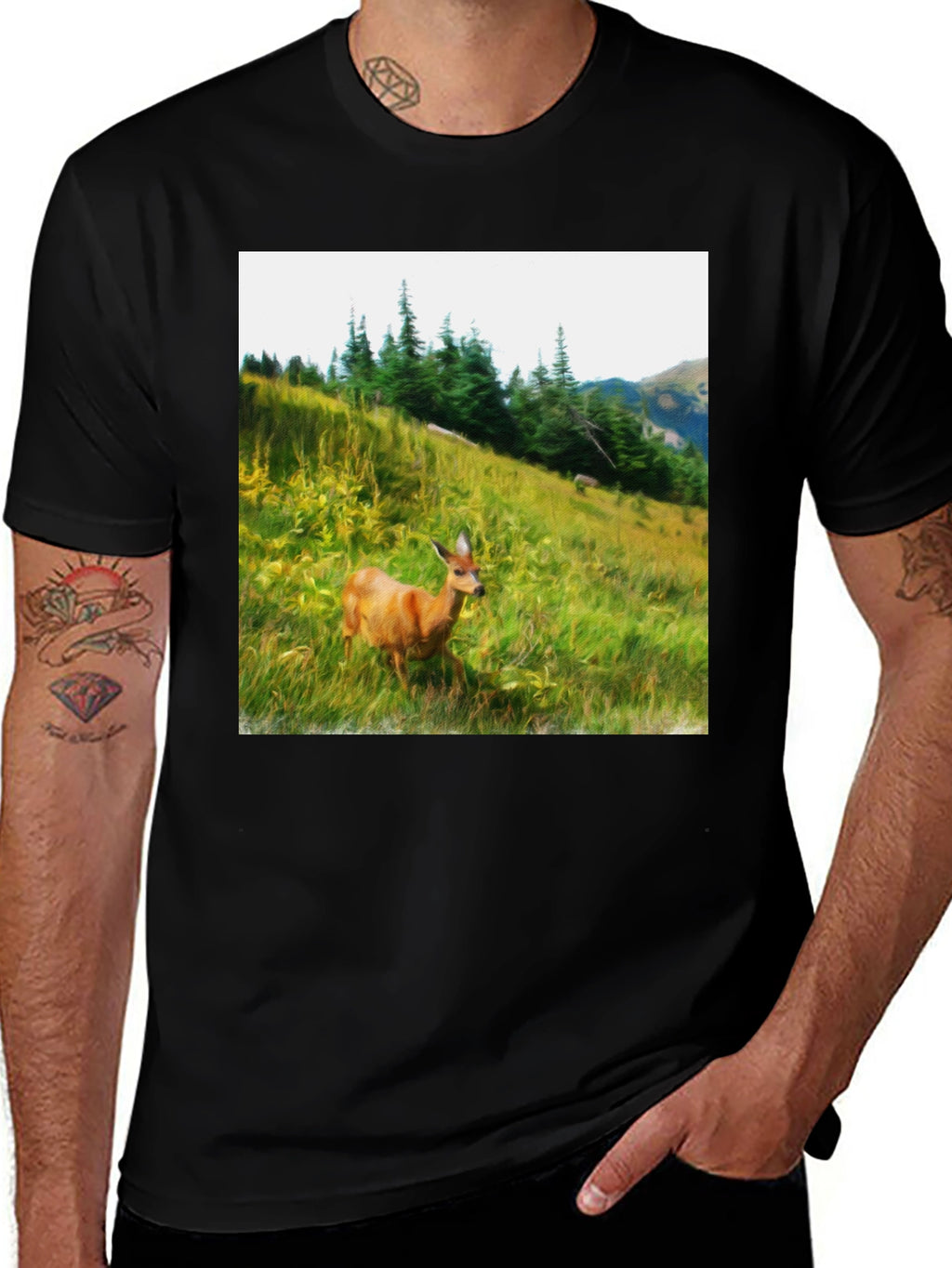 Nature Deer Graphic Tee - Black Cotton Shirt