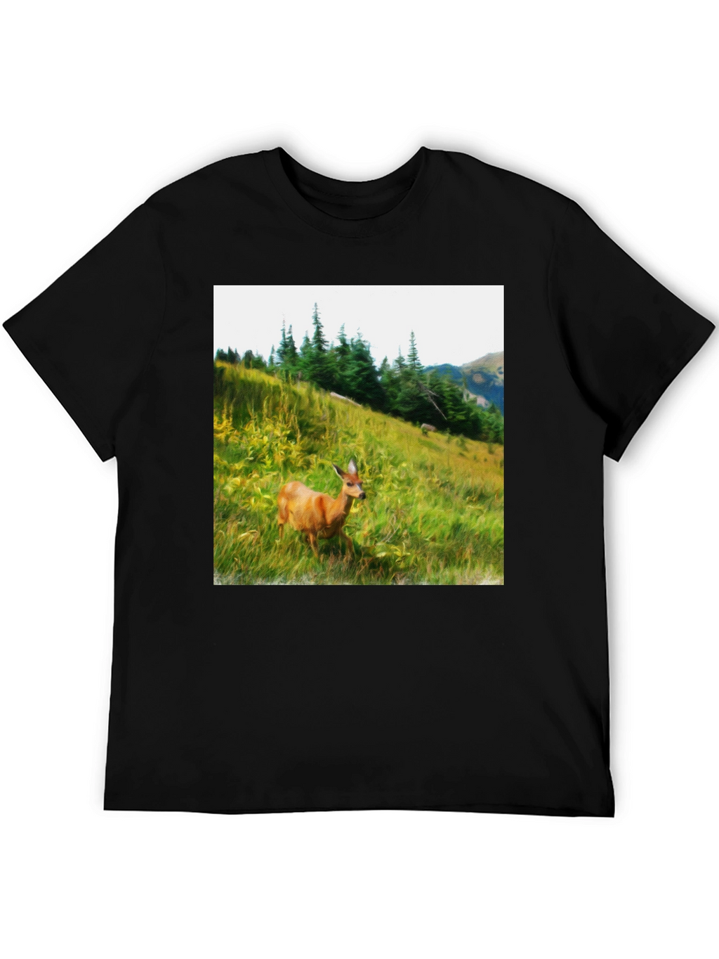 Nature Deer Graphic Tee - Black Cotton Shirt