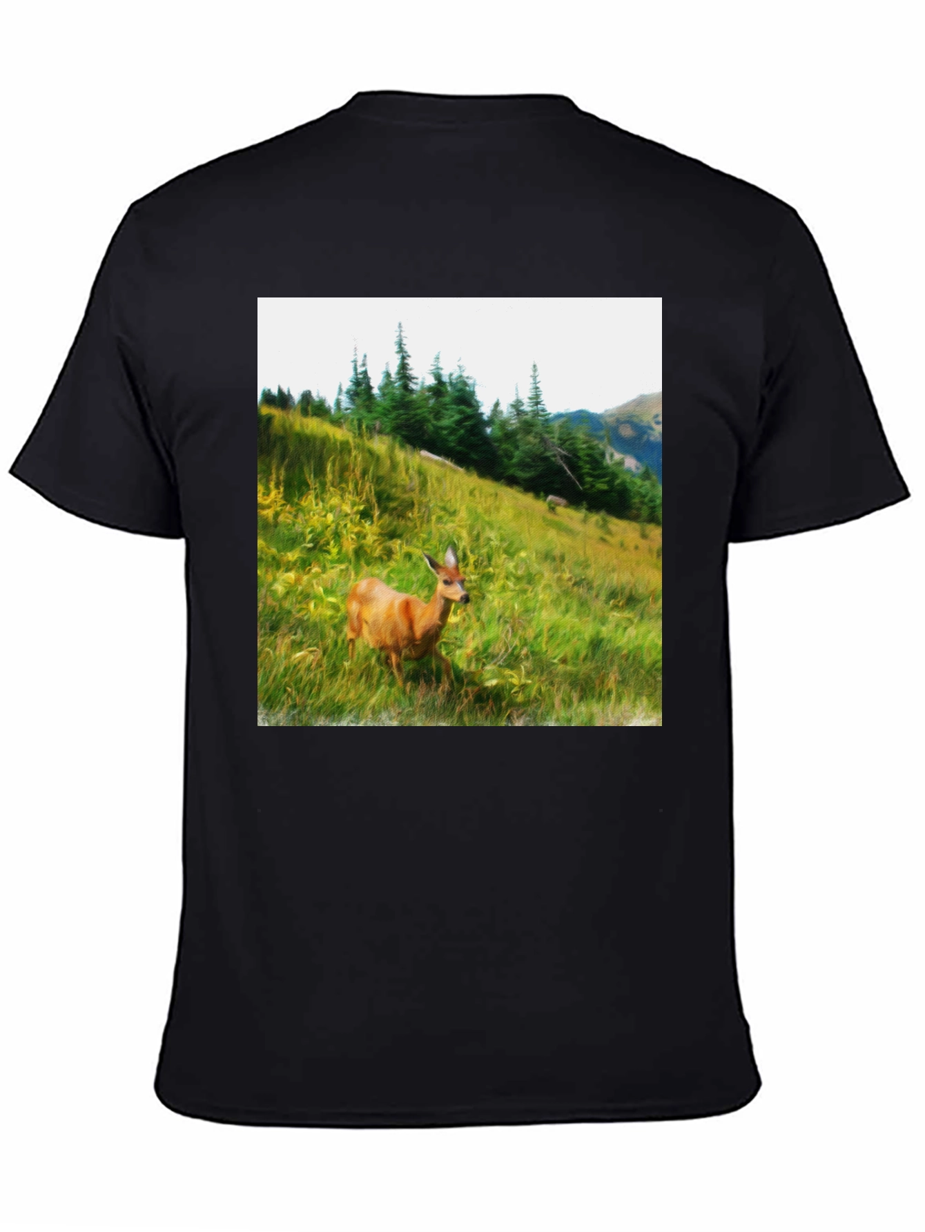 Nature Deer Graphic Tee - Black Cotton Shirt