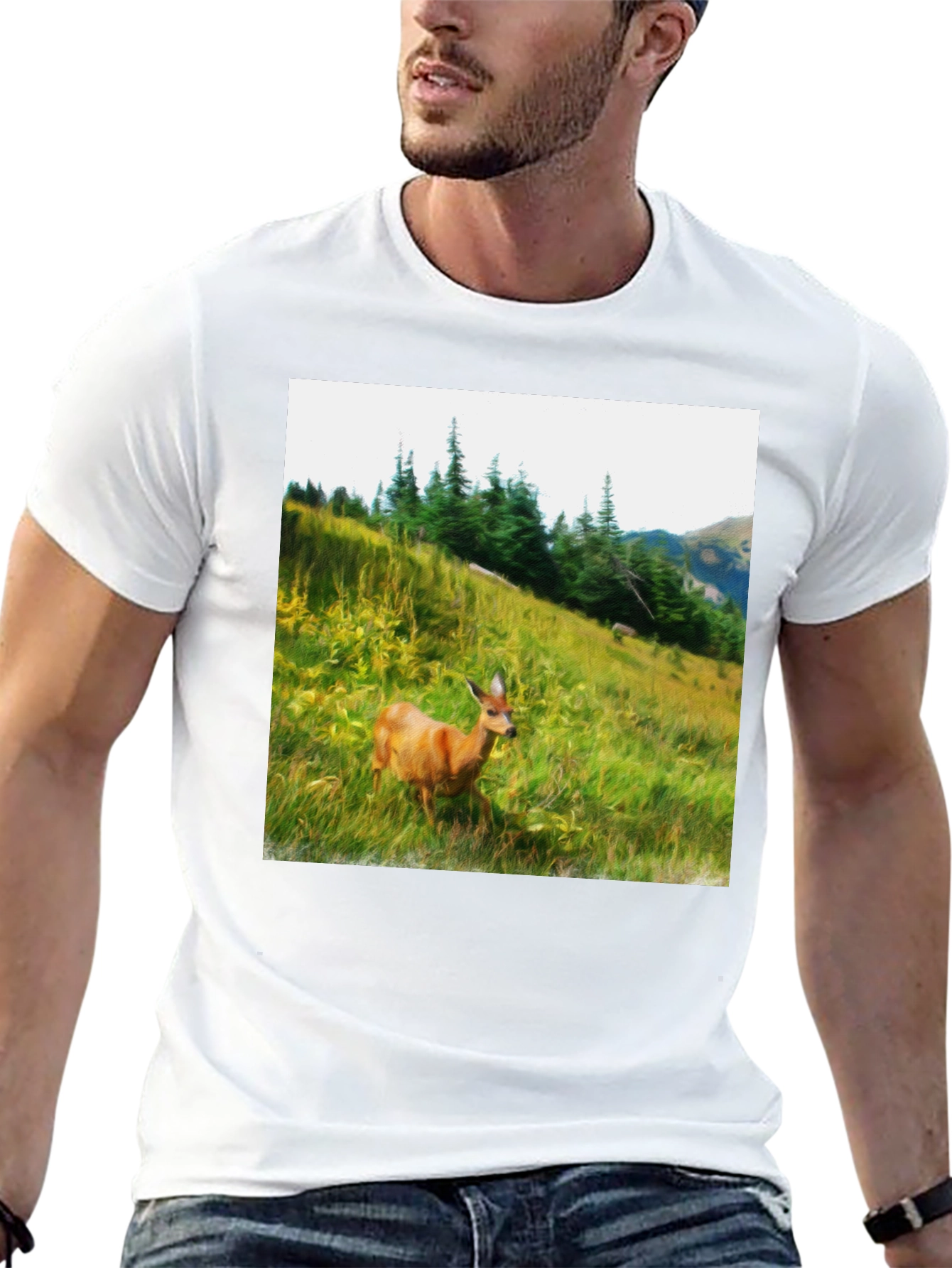 Nature Deer Graphic Tee - Black Cotton Shirt