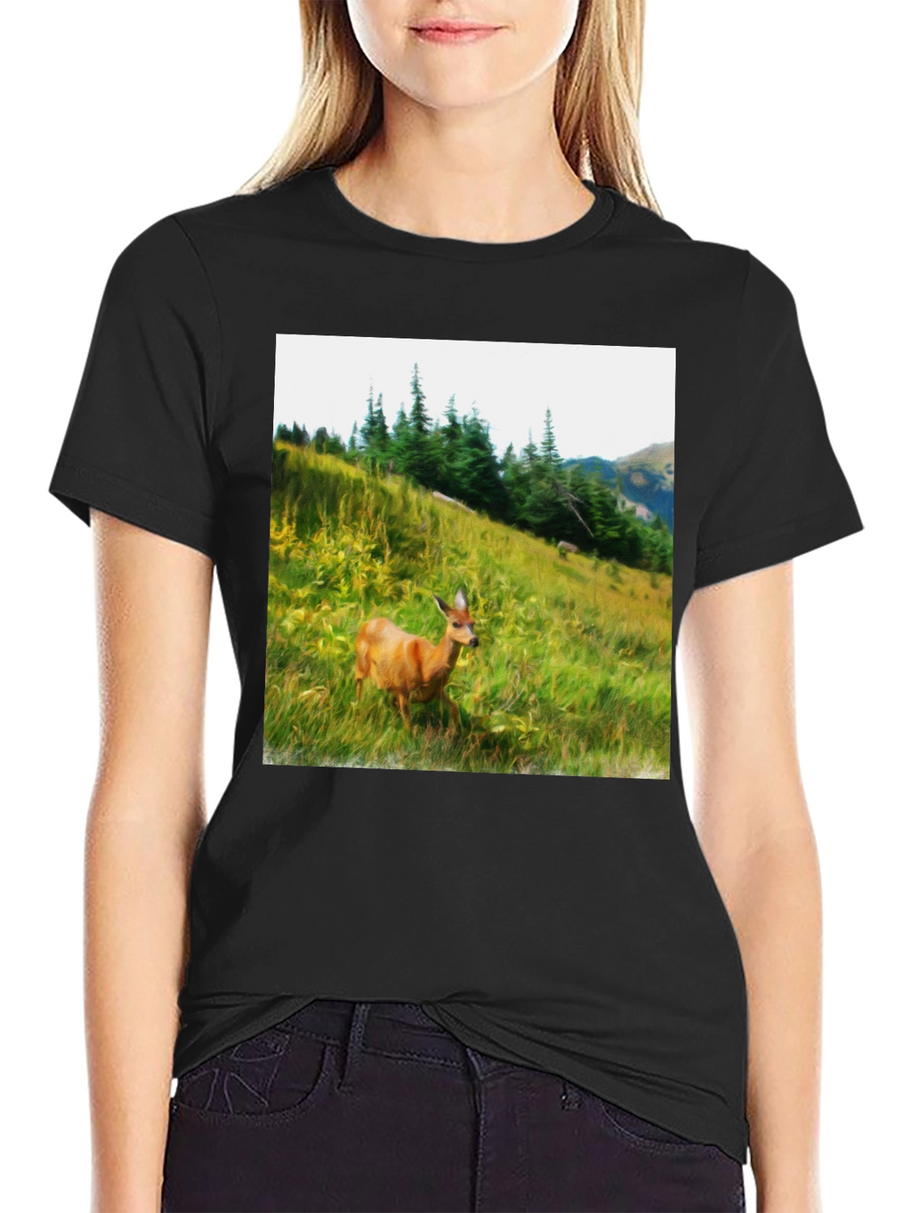 Nature Deer Graphic Tee - Black Cotton Shirt