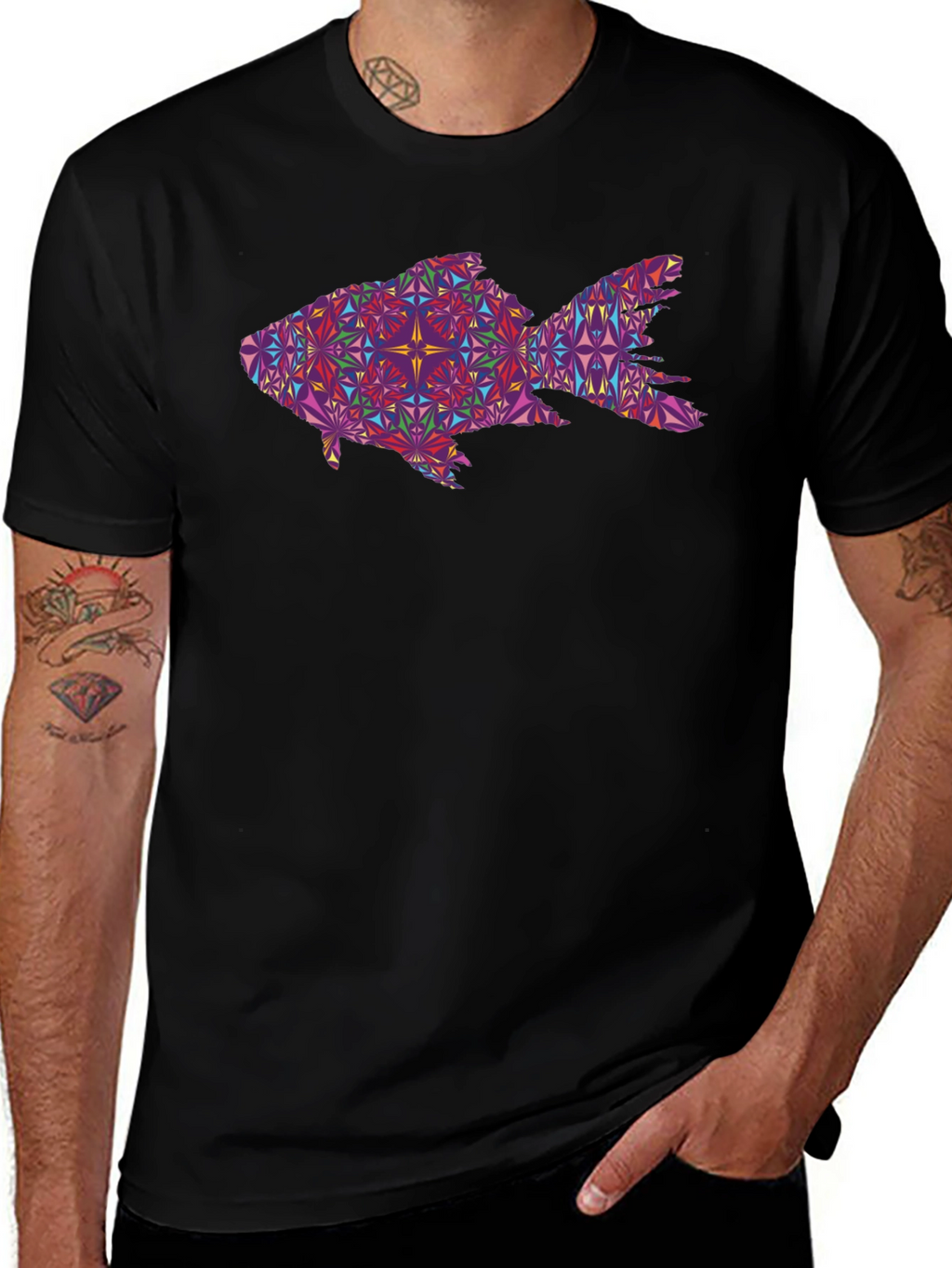 Geometric Fish Graphic Black T-Shirt